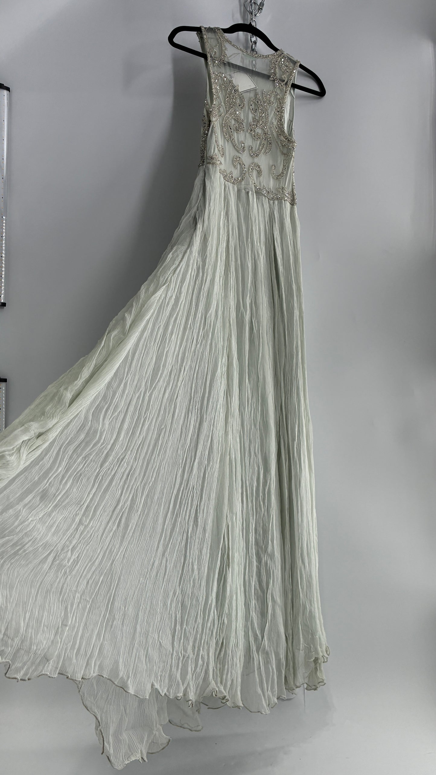 KIMCHI BLUE Light Greyish Seafoam Green Crimped Gown with Beaded Bodice and Sheer Back (2)