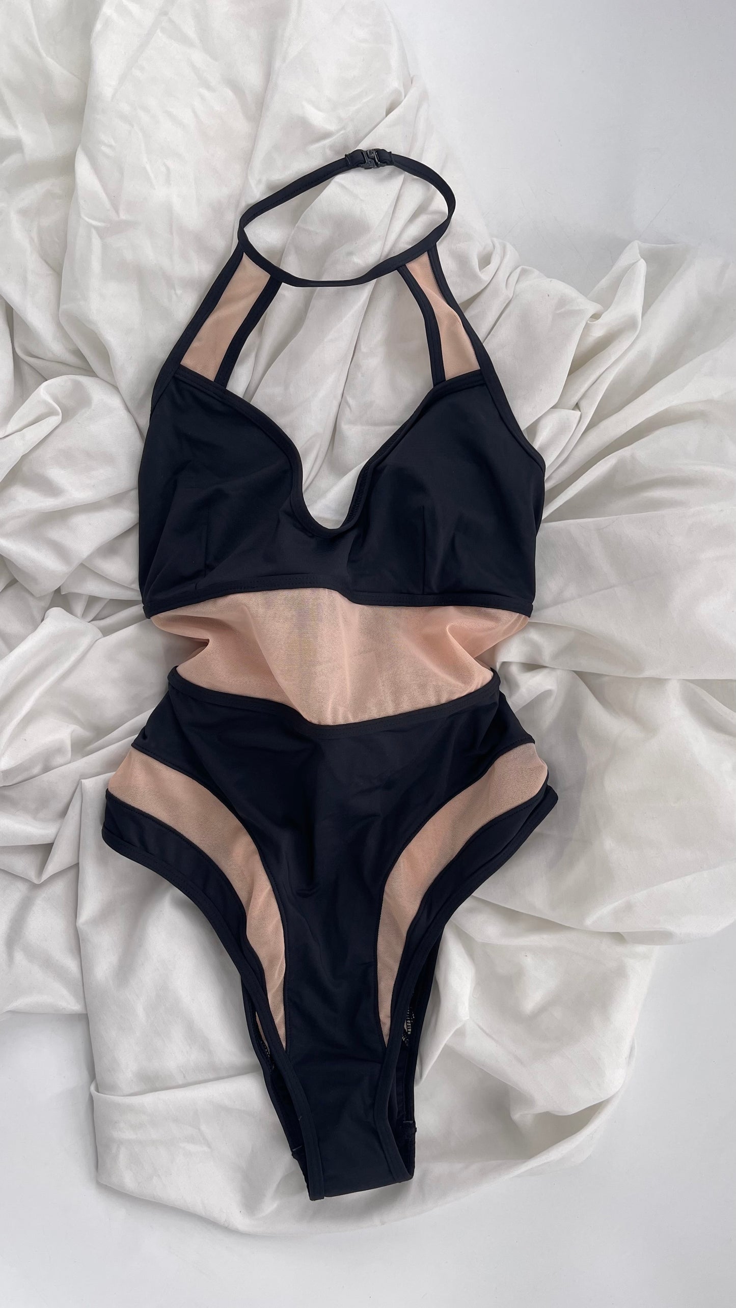 EVILTWIN Black Swimsuit with Mesh Cut Outs and Choker Neckline (Medium)
