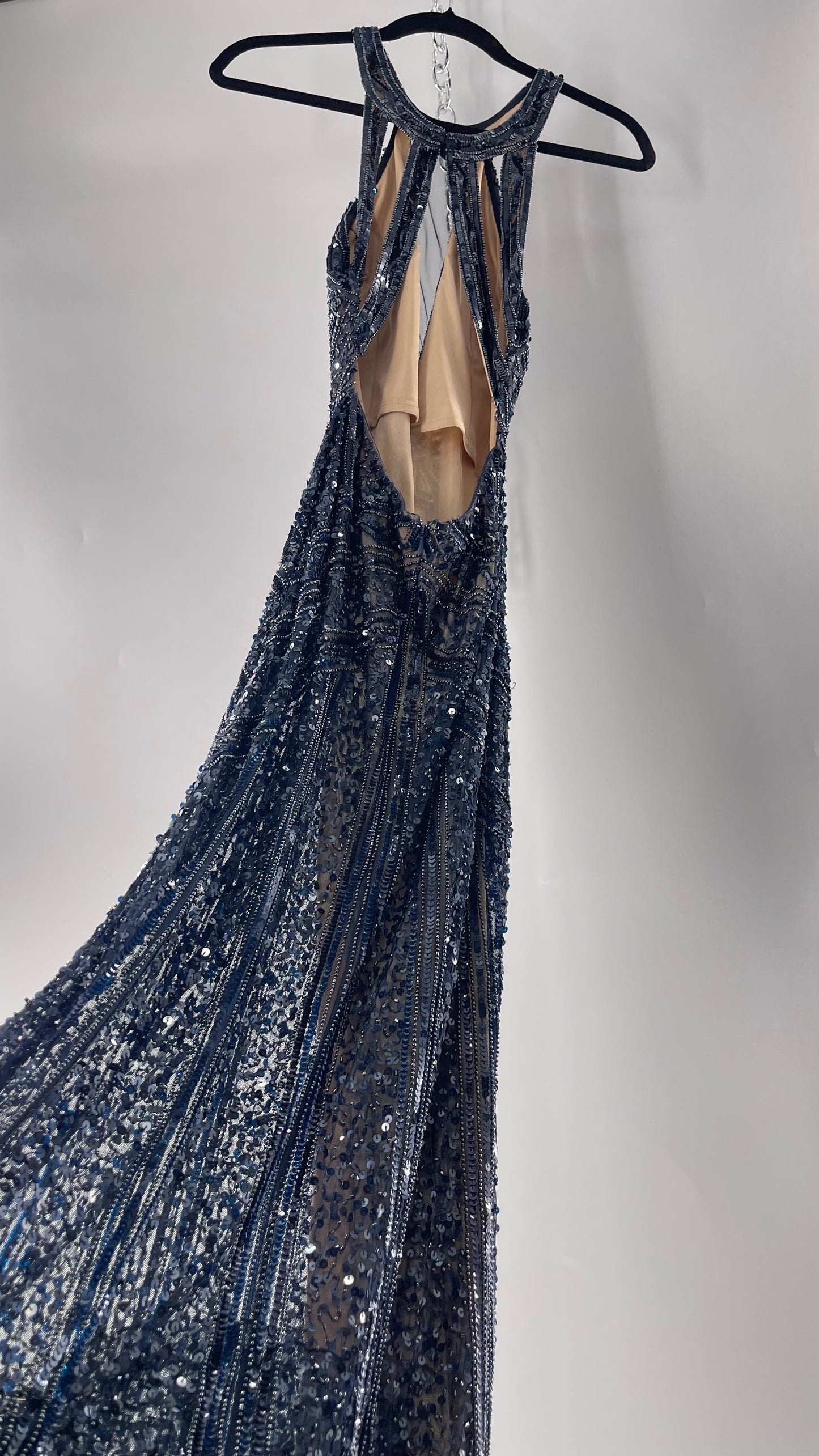 Vintage SCALA Navy Blue Beaded Floor Length Gown with Plunging Neckline, Backless Detail, and Tan Underlay (C)(4)