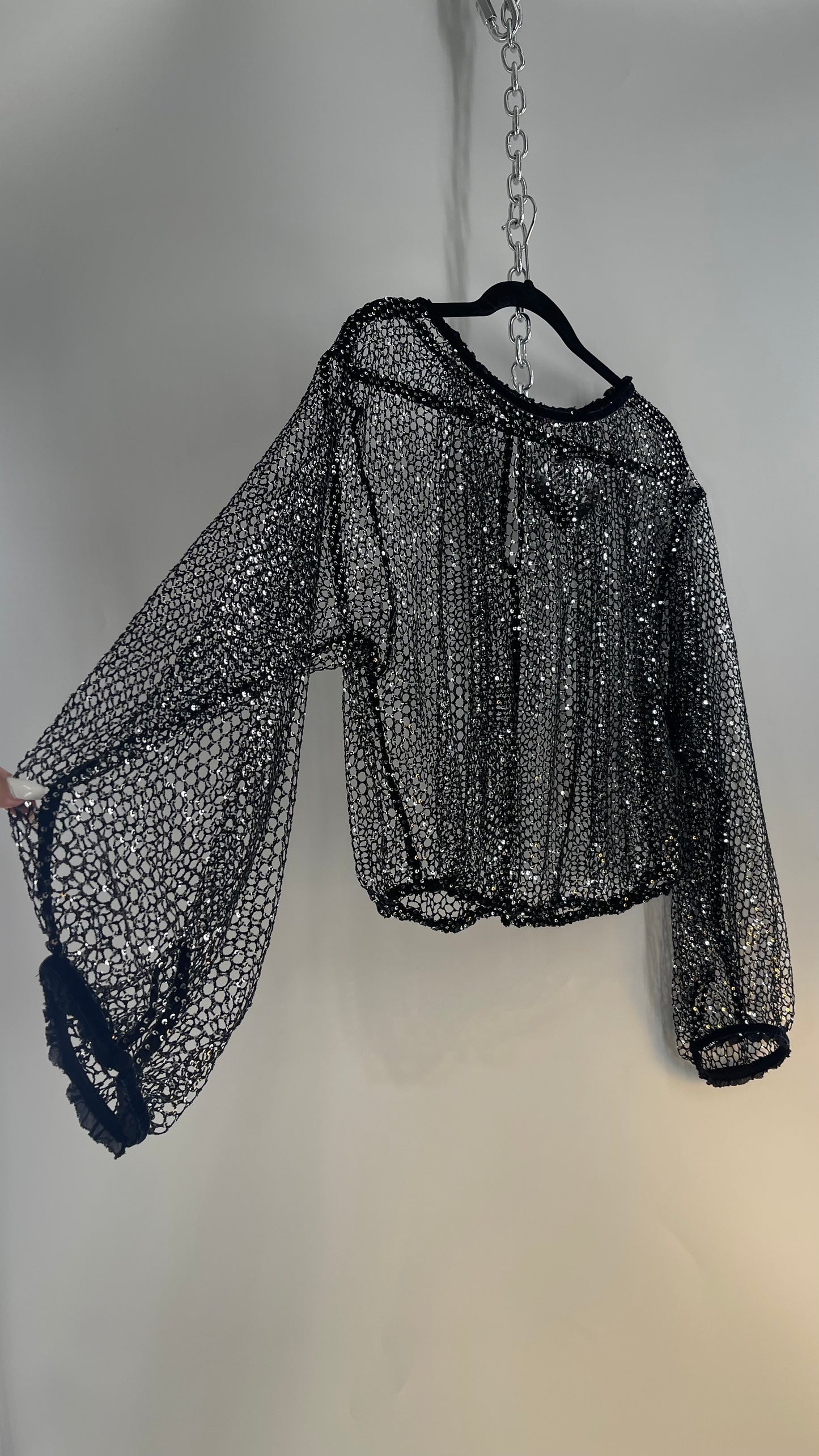 Free People Disco Black Mesh Blouse with Velvet Ribbon Trim (S/M)