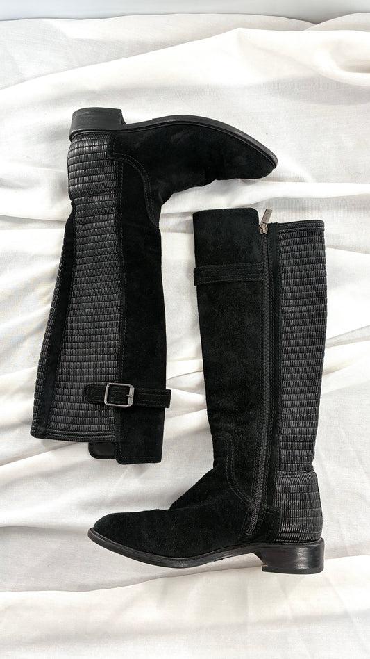 Vintage AQUATALIA Black Genuine Suede Riding Boot with Ribbed Detailing (6.5)