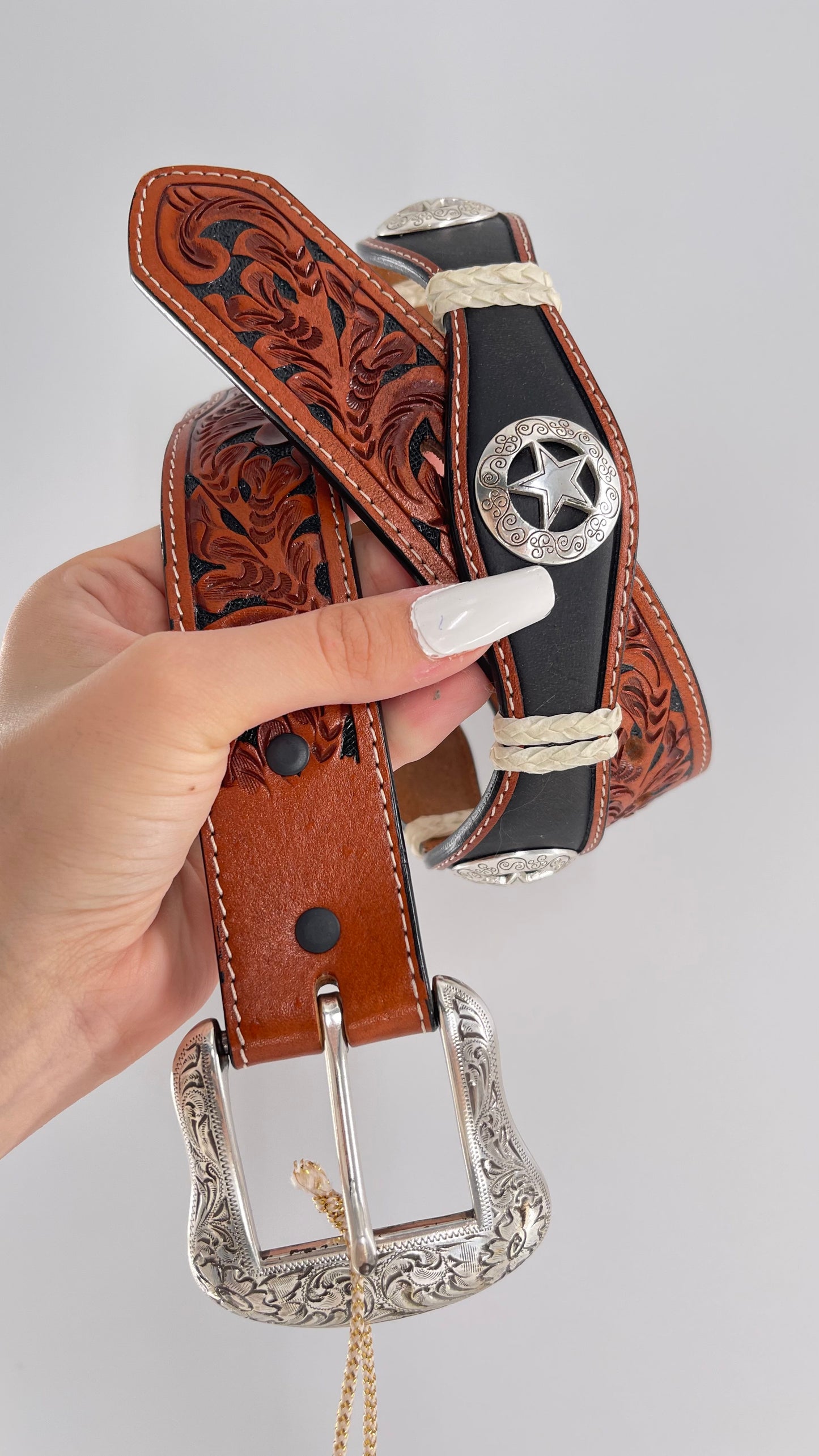 Vintage Ranger Belt Company Genuine Handtooled Leather Metal Stars Embellishments (36)