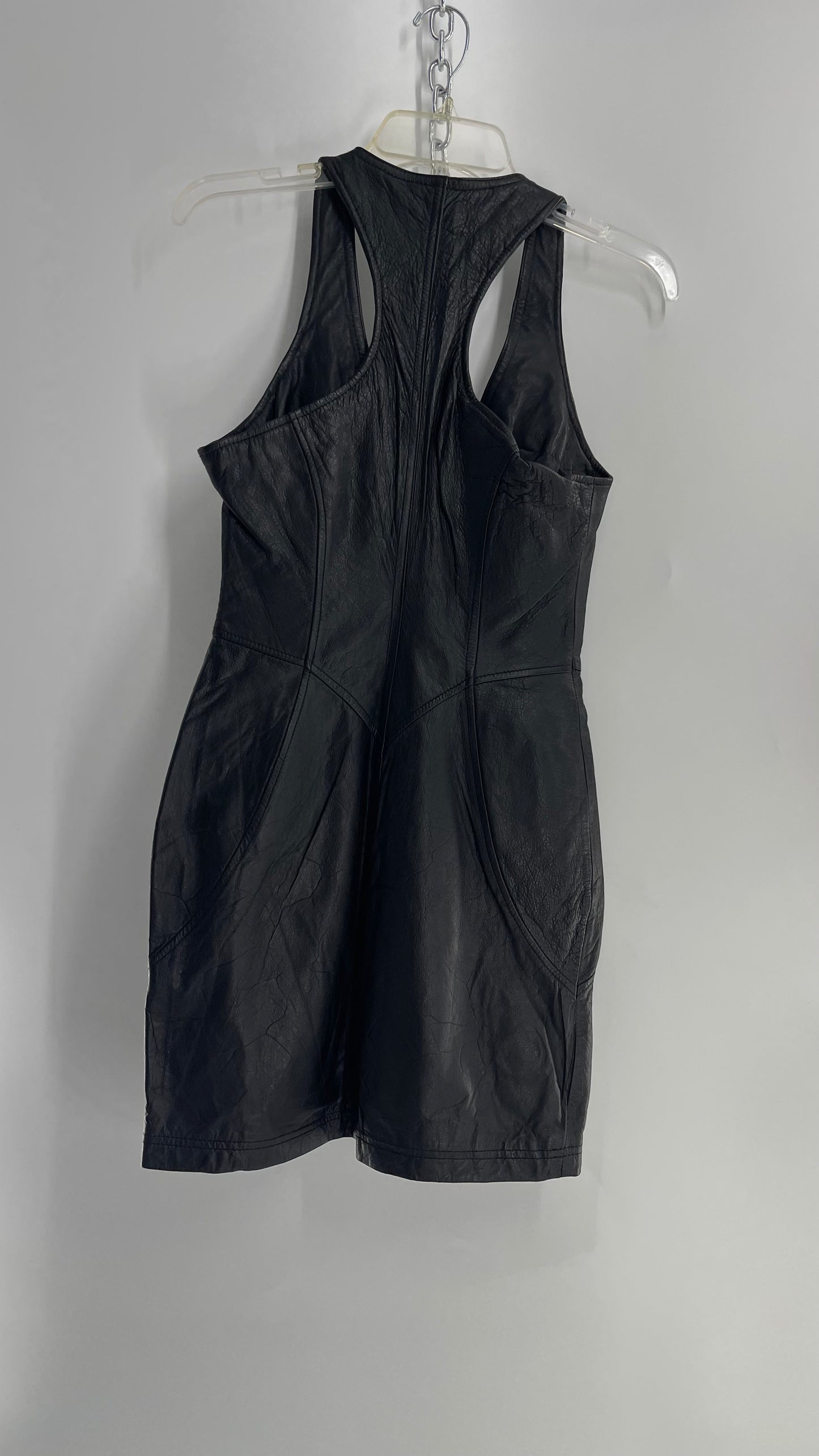 Vintage 1980s VERDUCCI Black Leather Zip Front Mini Dress (Small)