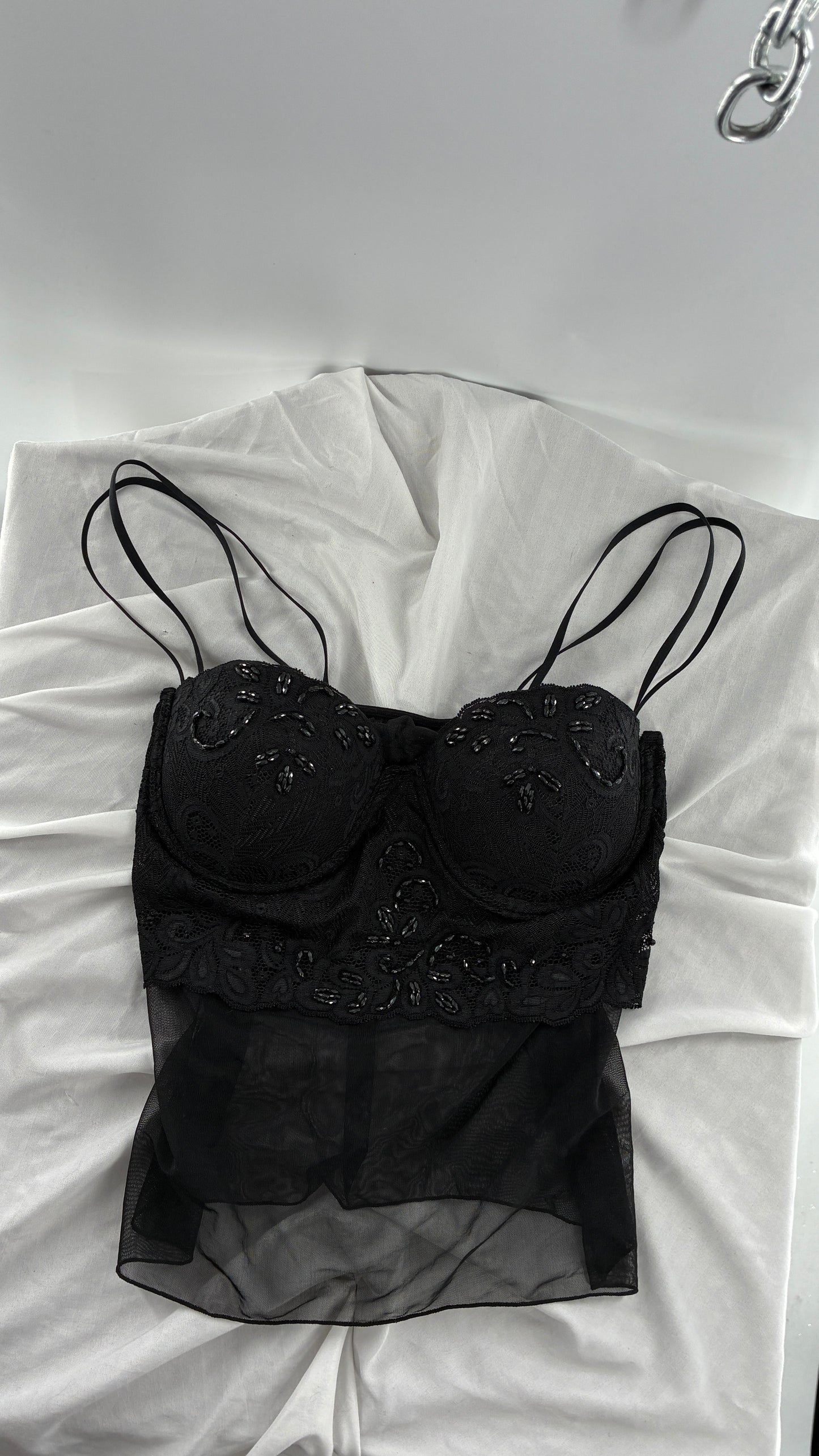 Vintage LA FRESCA Black Lace Bustier Babydoll with Mesh Bodice and Beaded Cups/Band (Large)