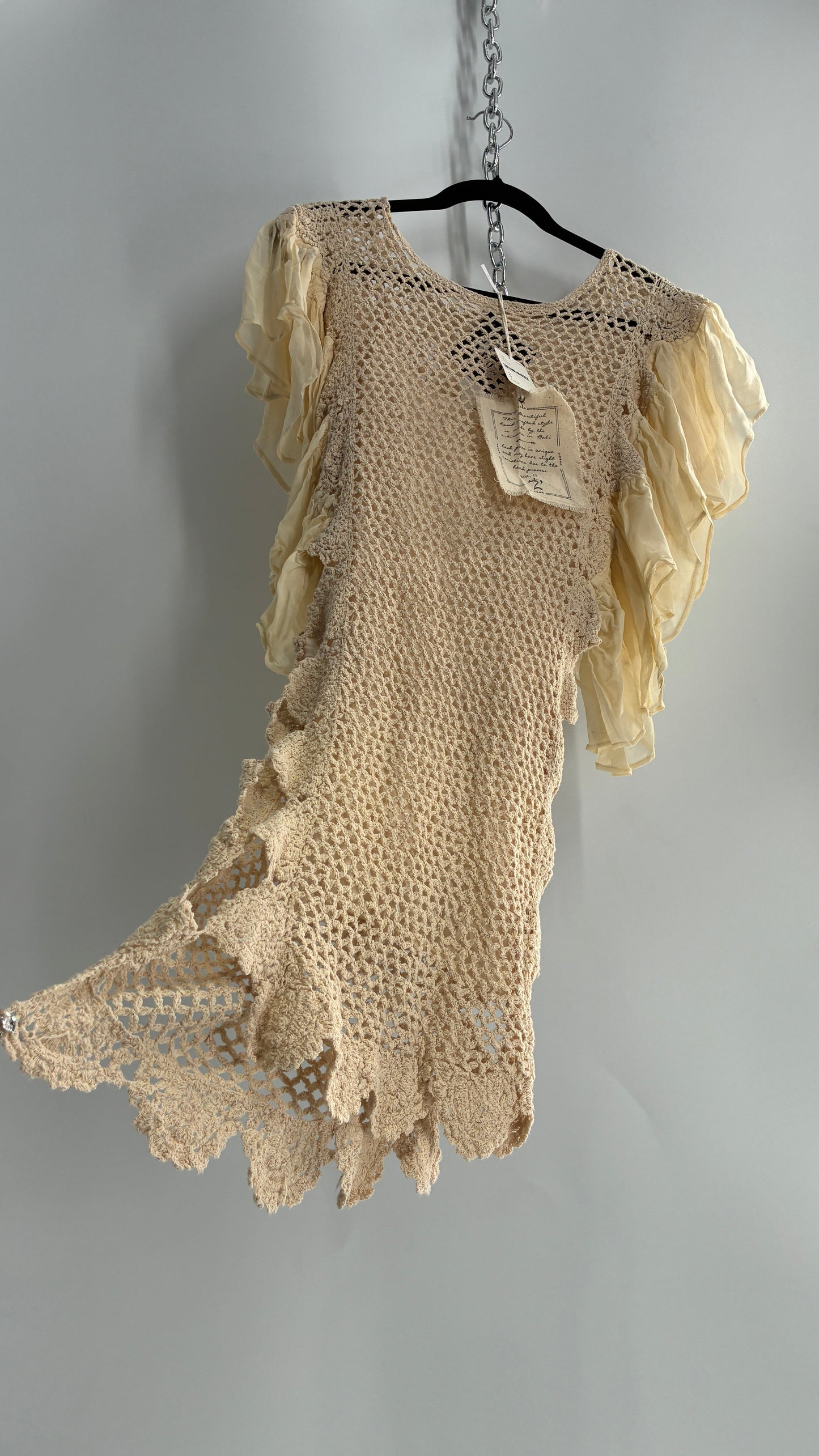 Free People Crochet Scalloped Open Side Dress with Ruffled Sleeve Details (S)