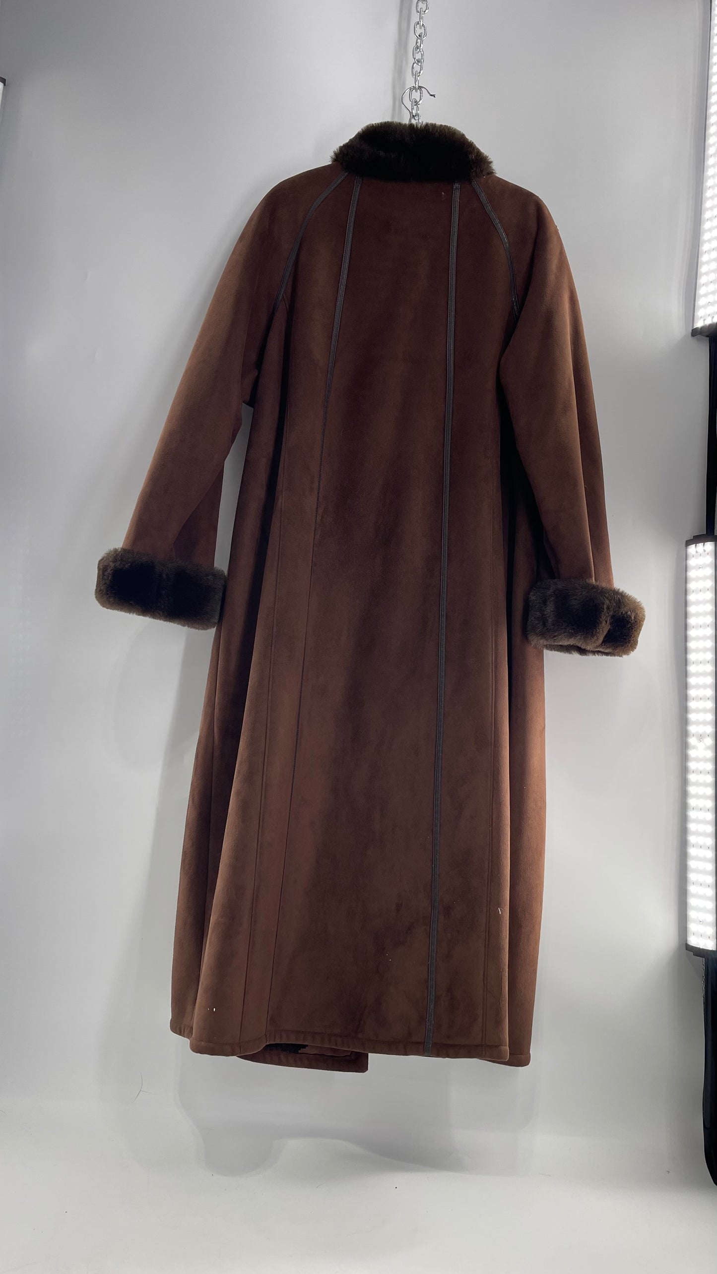 Vintage CG Collection Brown Coat with Faux Leather Piping and Faux Fur Cuffs and Collar (C)(XL)