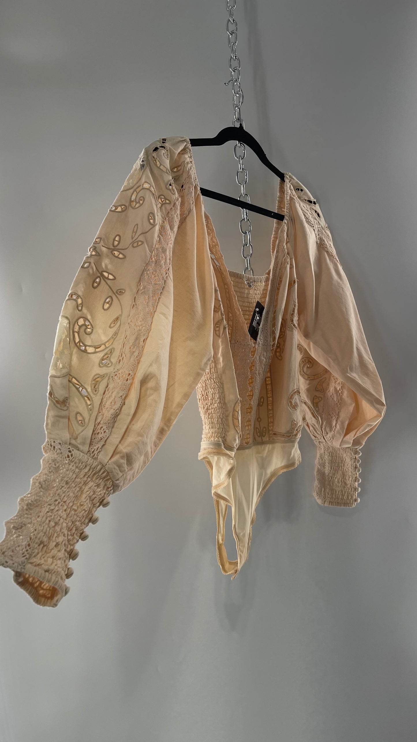 Free People Off White Cotton Bodysuit with Embroidered Lace Balloon Bishop Sleeve and Smocked, Buttoned Cuffs (Large)