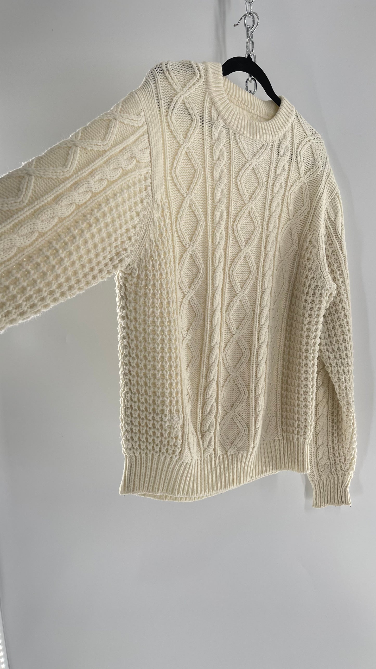 Vintage Ivory Cableknit Slouchy Sweater (Large)
