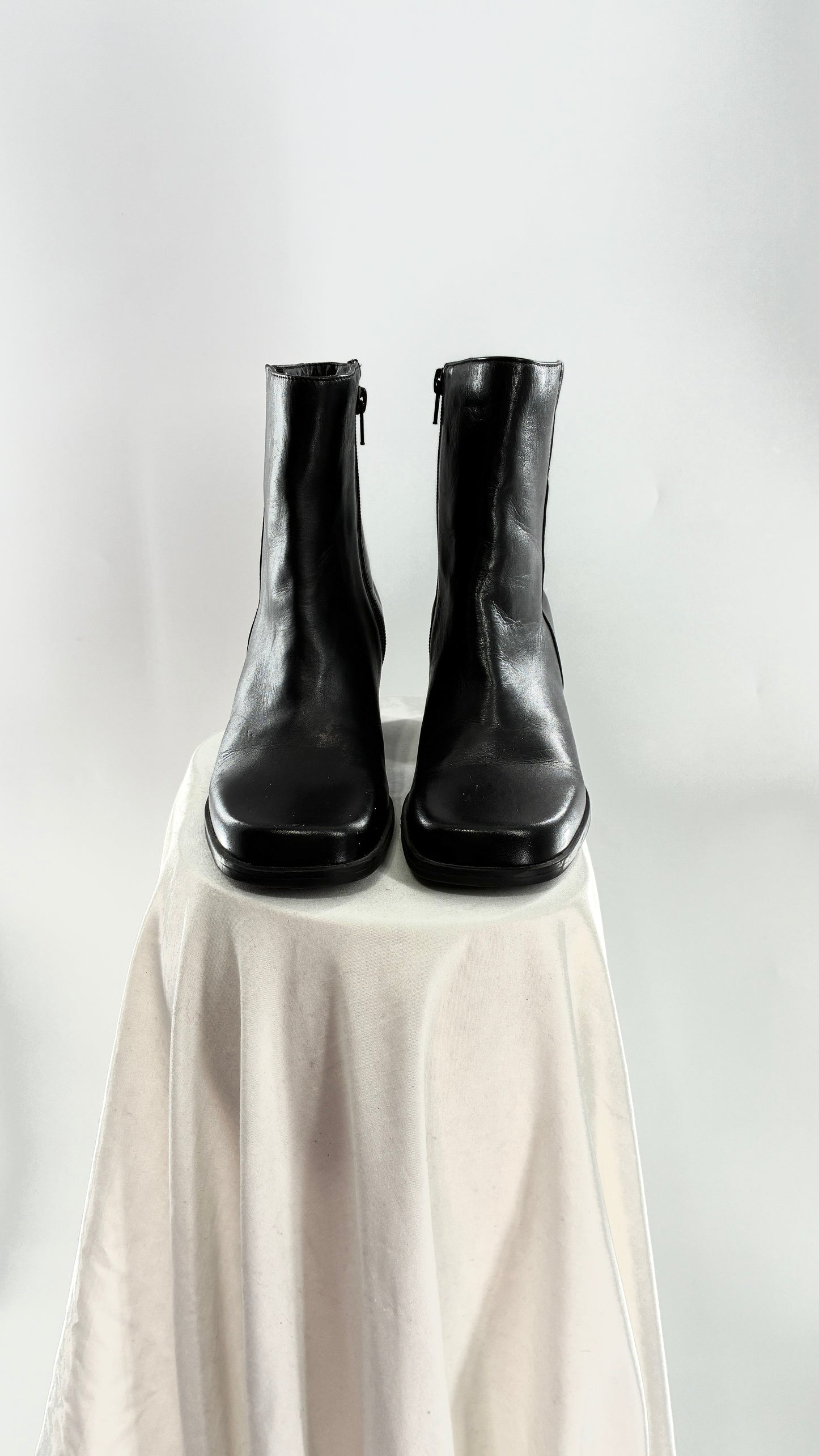 Vintage Naturalizer Black Square Toe Genuine Leather Block Heel Boots Made in Brazil (8)