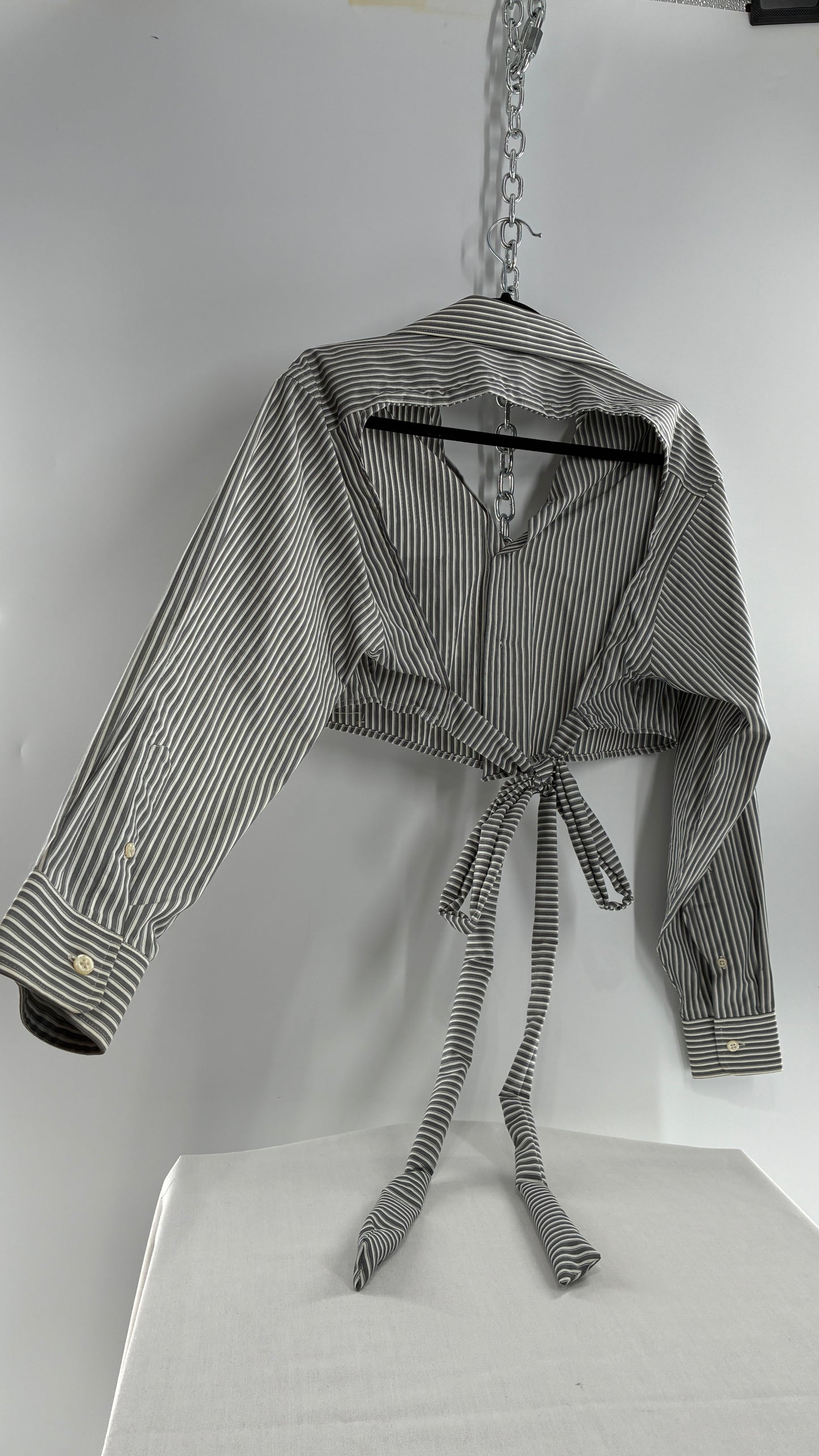 Vintage DAVID TAYLOR Reworked Button Front Backless Grey Striped Blouse (One Size)