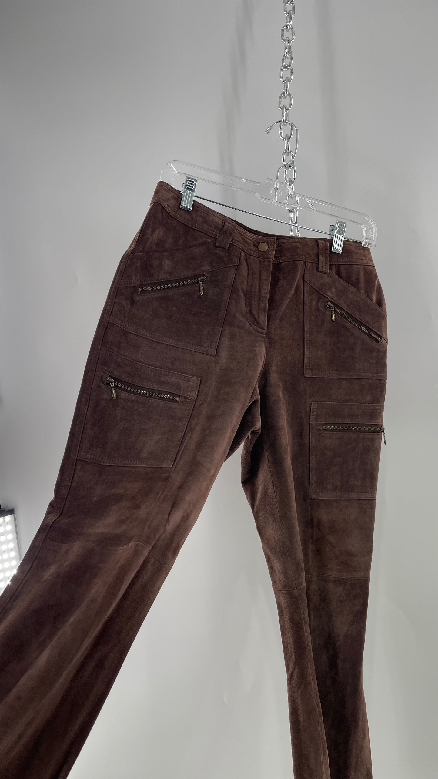 Vintage Context Petit Brown Suede Straight Leg Cargos with Pockets and Bronze Zippers (8P)