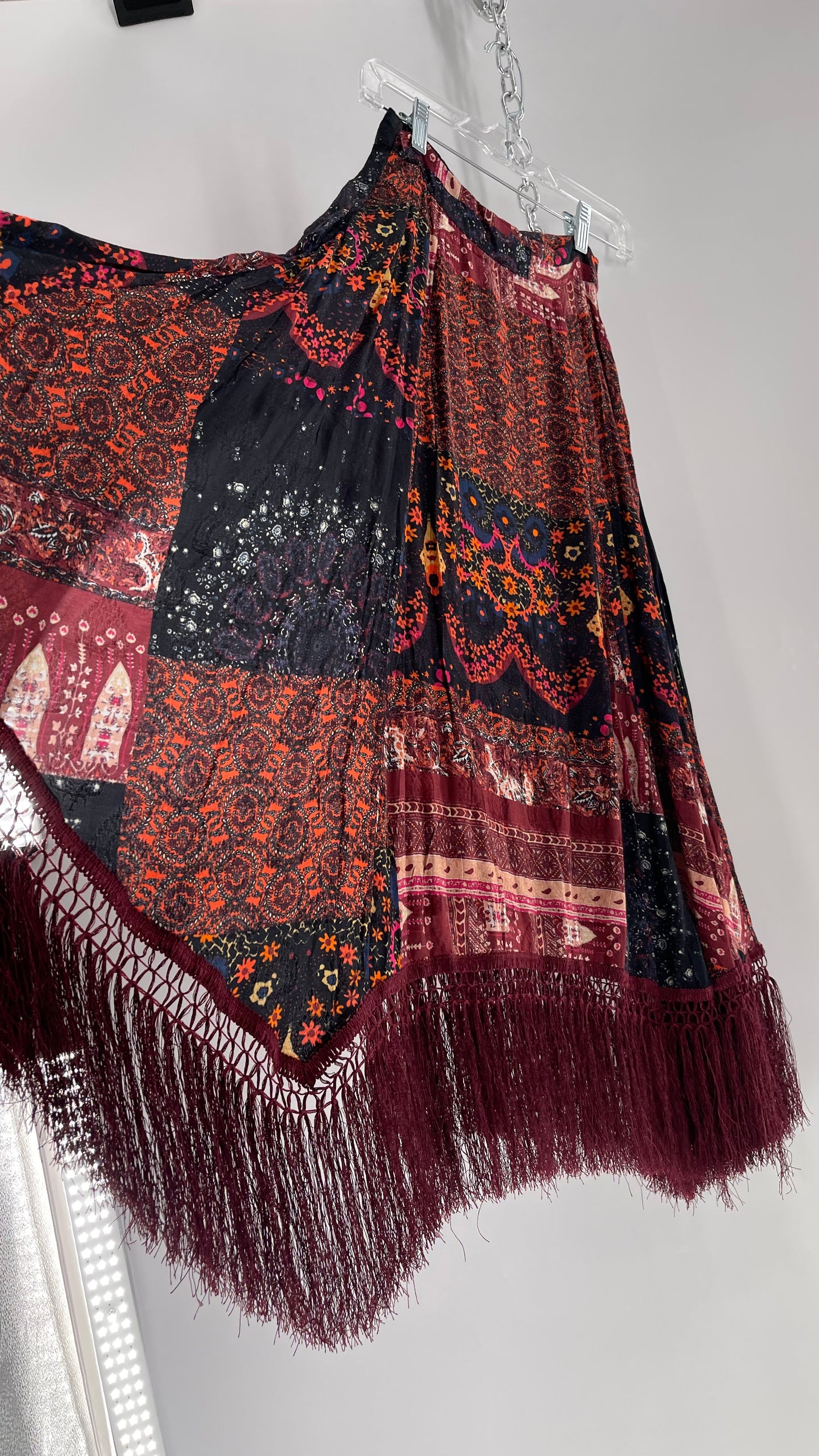 Free People Burgundy Satin Patchwork Patterned Fringe Full Length Skirt with Embossed Symbols and Side Slit Tags Attached (0)