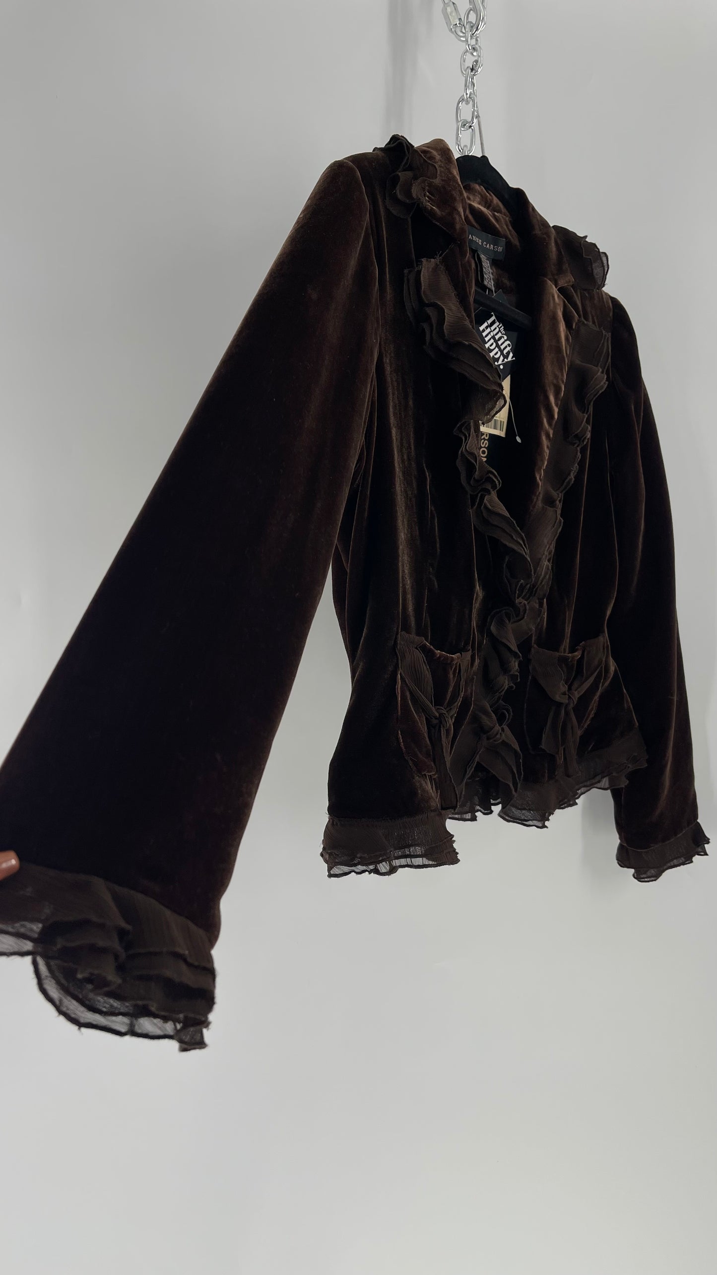 Deadstock Vintage Brown Velvet Anne Carson Blazer with Delicate Crepe Ruffled Hem and Bow Pockets (Medium)