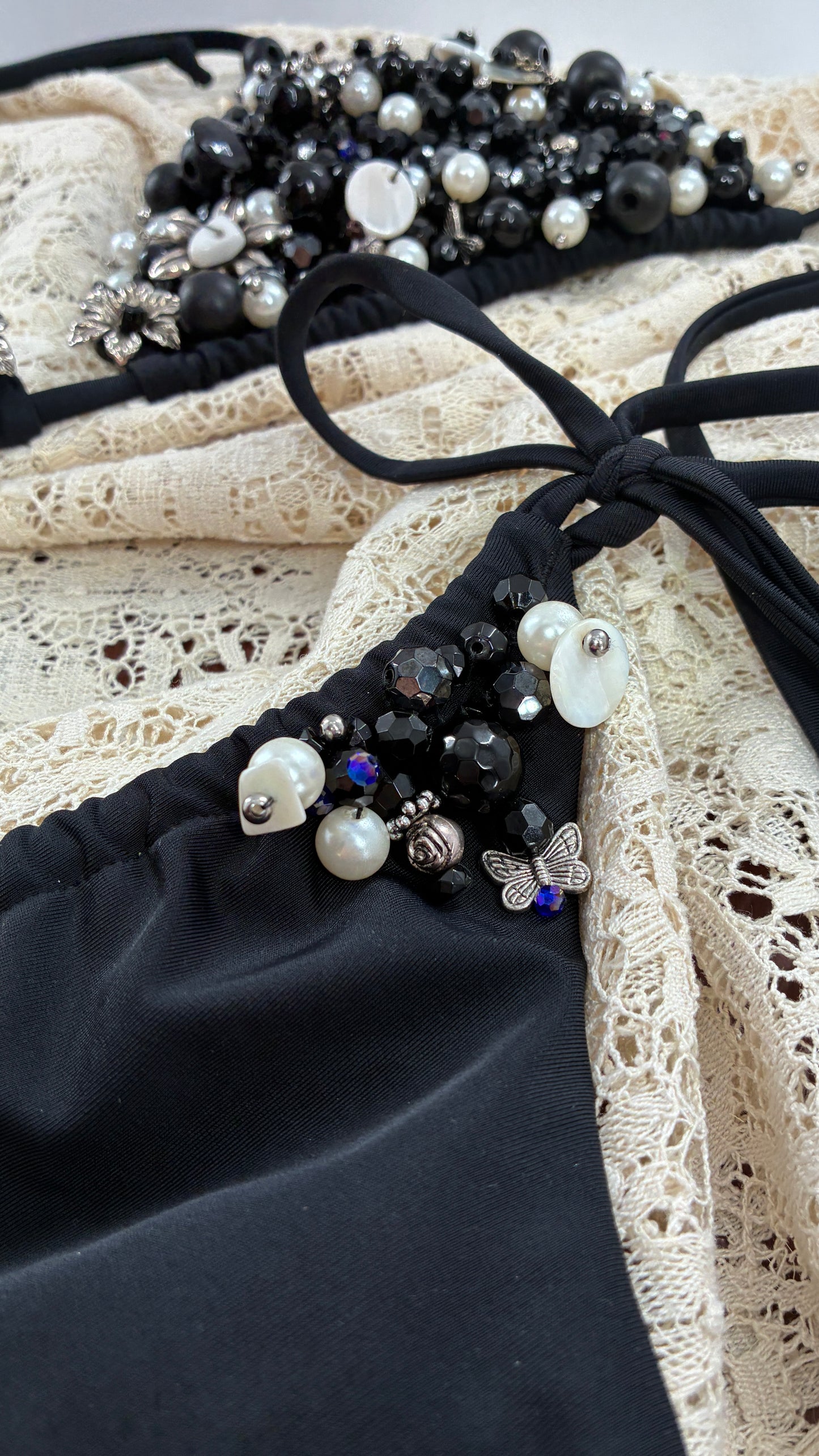 CUSTOM 1/1 Black Swimsuit Covered in Hand Placed and Sewn Beads, Charms, and Gems (MEDIUM)