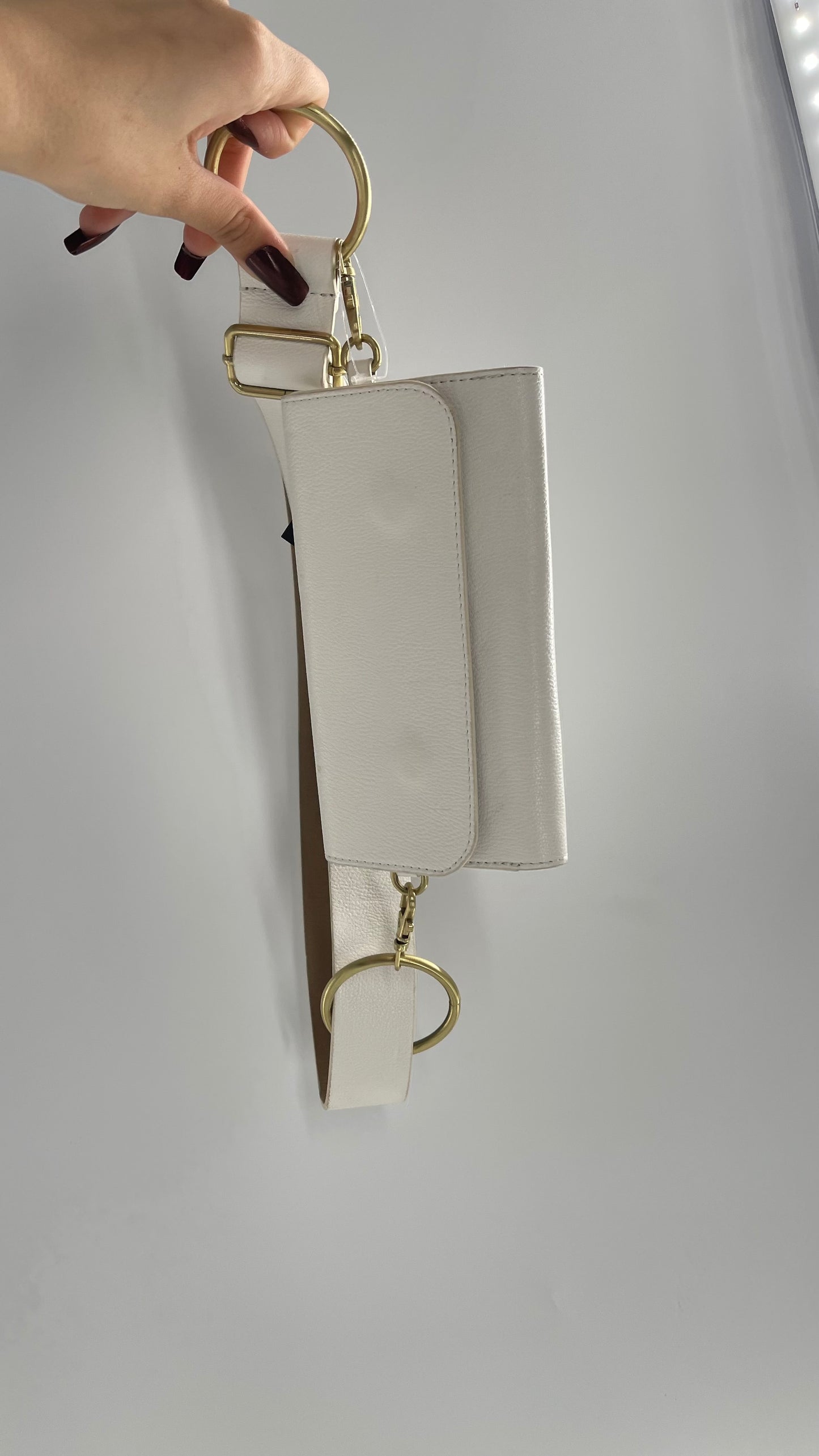Anthropologie White Belt Bag with Gold Hoops