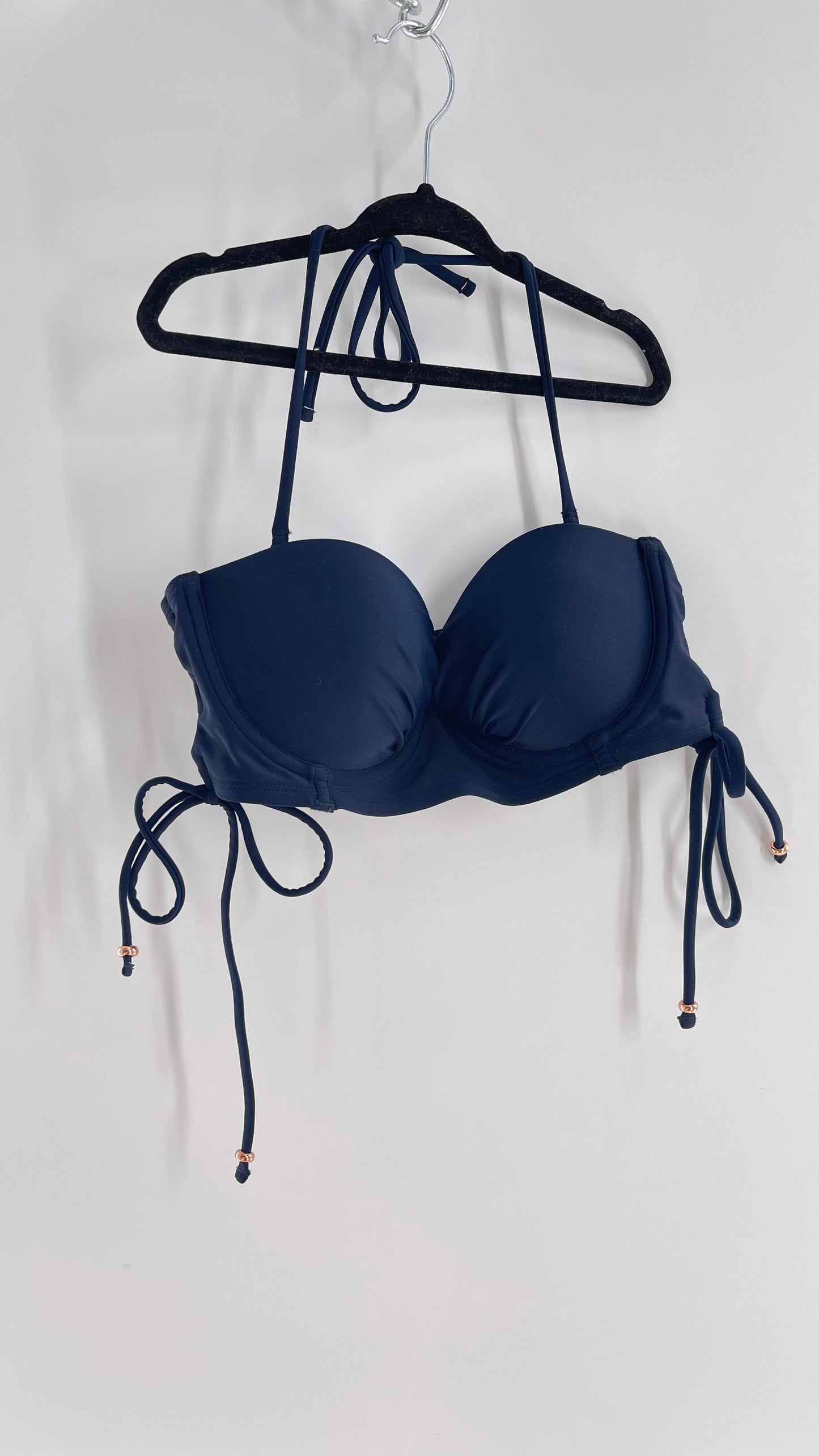 AERIE Navy Blue Underwire Swim Top with Lace Up Sides with Rose Gold Beads (S)