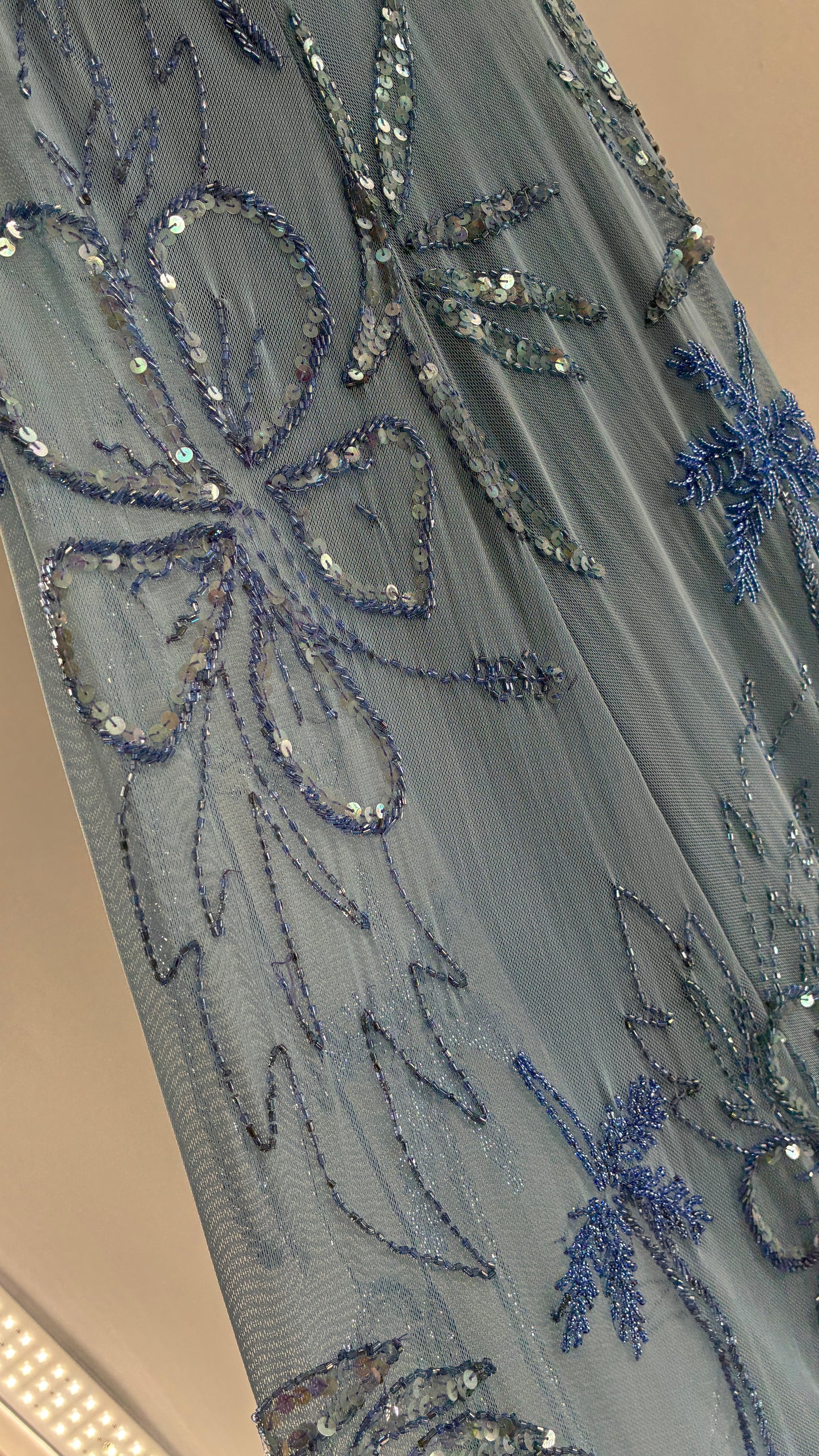 Vintage 1990s Powder Blue Gown Covered in Beaded Appliqué Tropical Designs with Strappy Bust and Low, Open Back (S/M, stretchy no size marked)