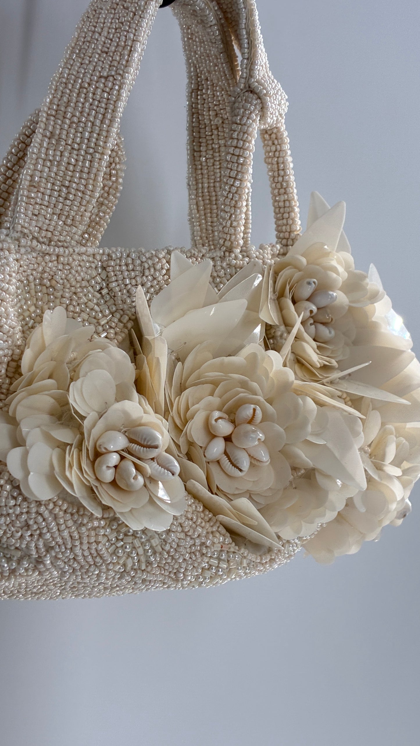 Beaded Off White Purse with Sequin and Shell Flowers