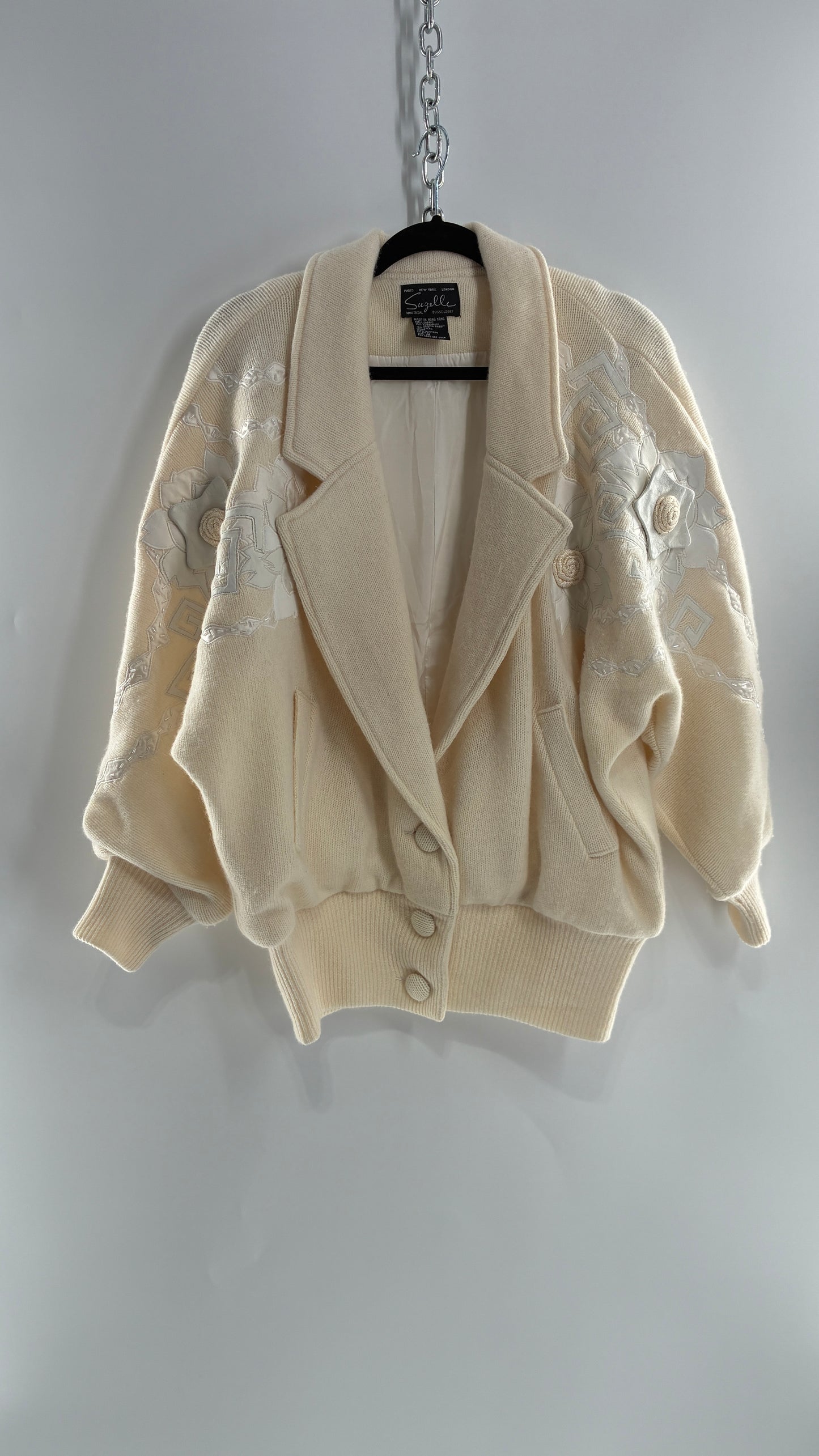 Vintage SUZELLE 70% Lambswool, 20% Angora Rabbit Off White Woven Bomber Jacket with Leather Flower Appliqués (Medium)