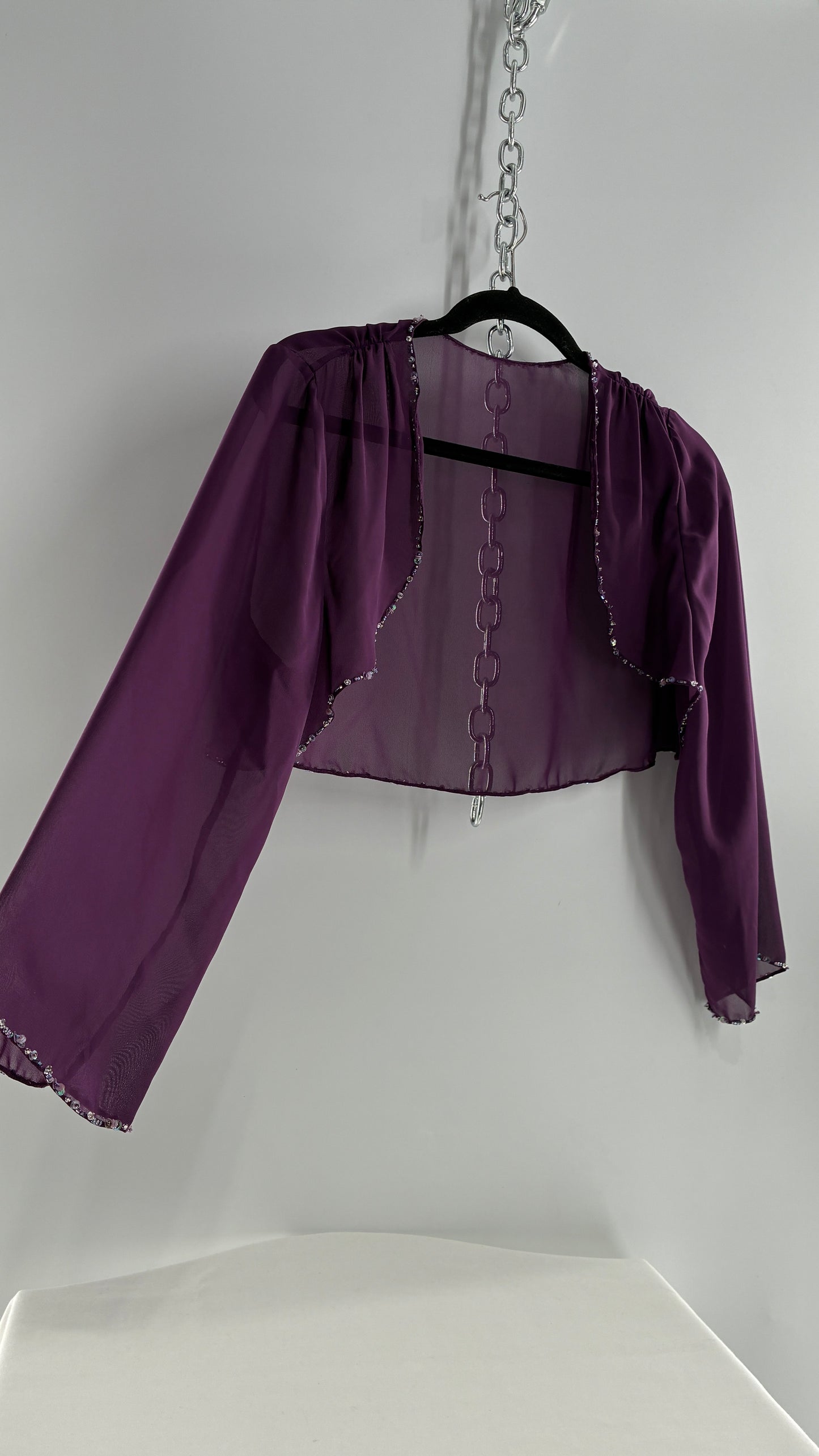 Vintage 1990s Purple Sheer Shrug with Iridescent Beaded Cuffs and Hem (M/L)