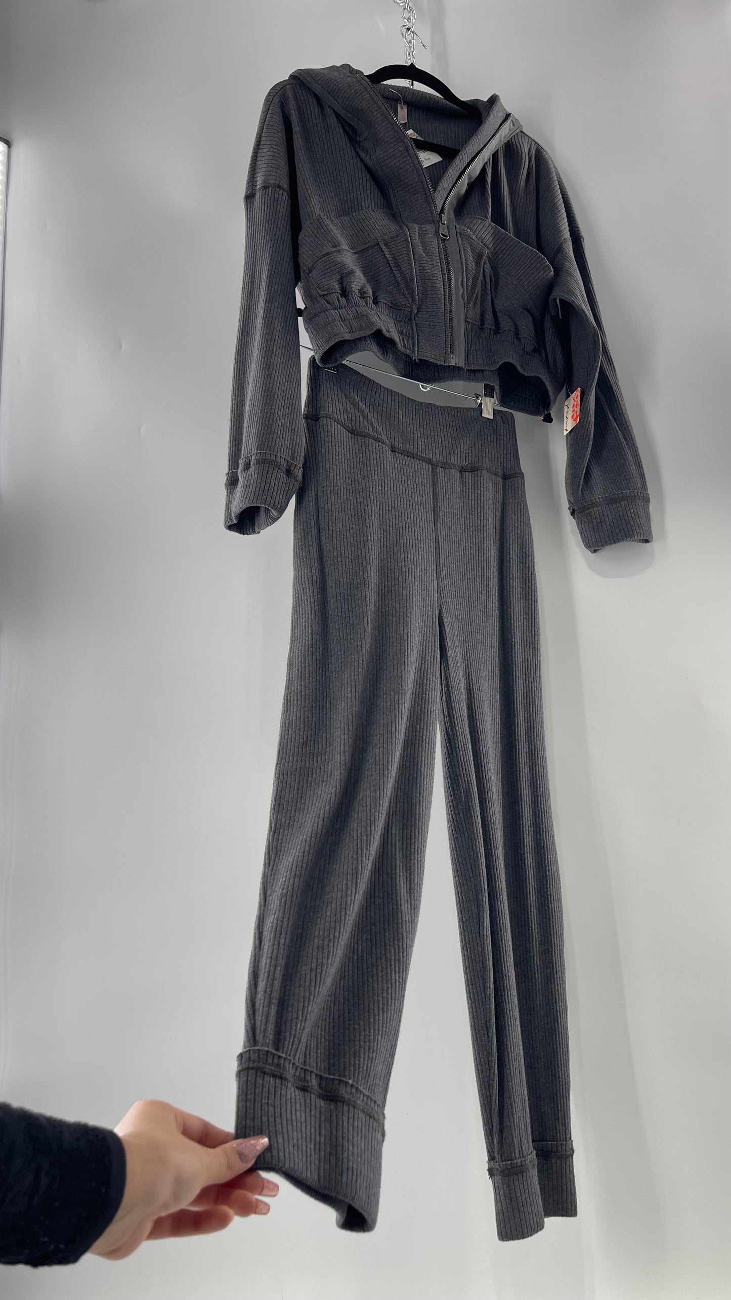 Free People Charcoal Slate Gray 2 Piece Set with Cropped Hoodie and Jogger Sweats with Tags Attached (XS)