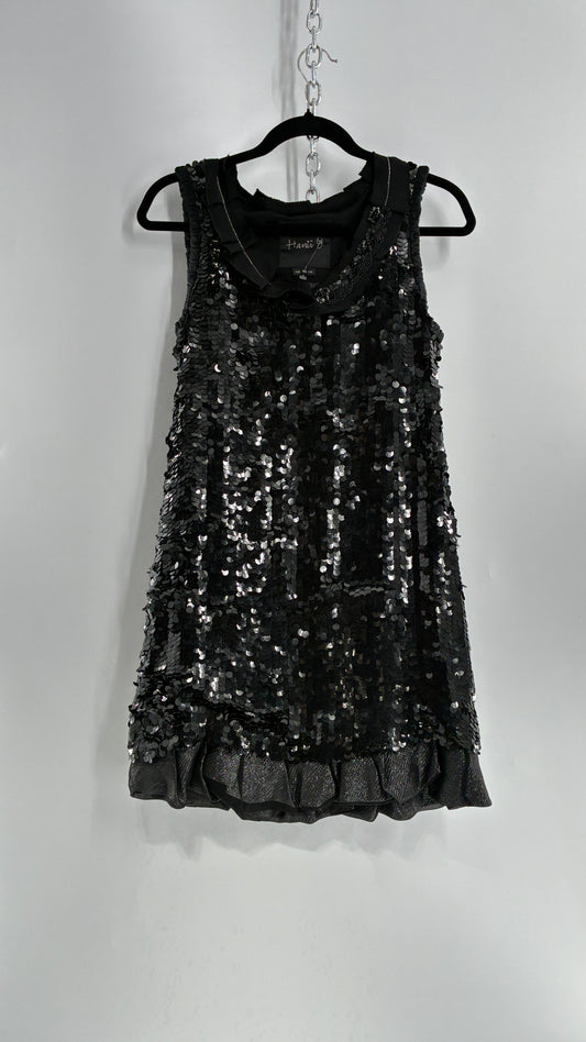 HANII Y. Black Sequin Mini Dress with Beaded, Pleated Ribbon Neckline and Bubble Hem (40)