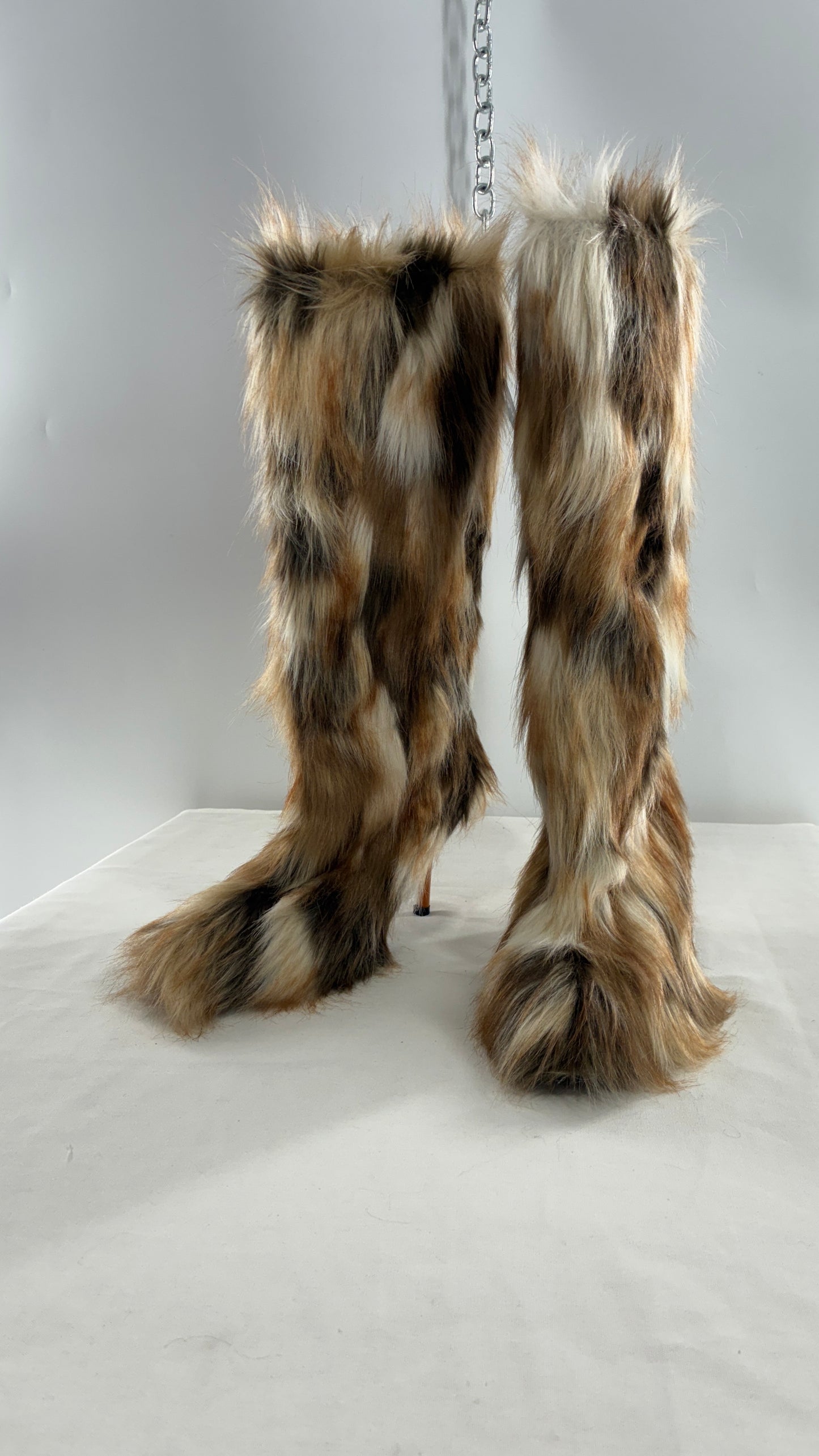 Vintage Mixed Tone Vegan Fur, Knee High, Pointed Toe Boots (43)