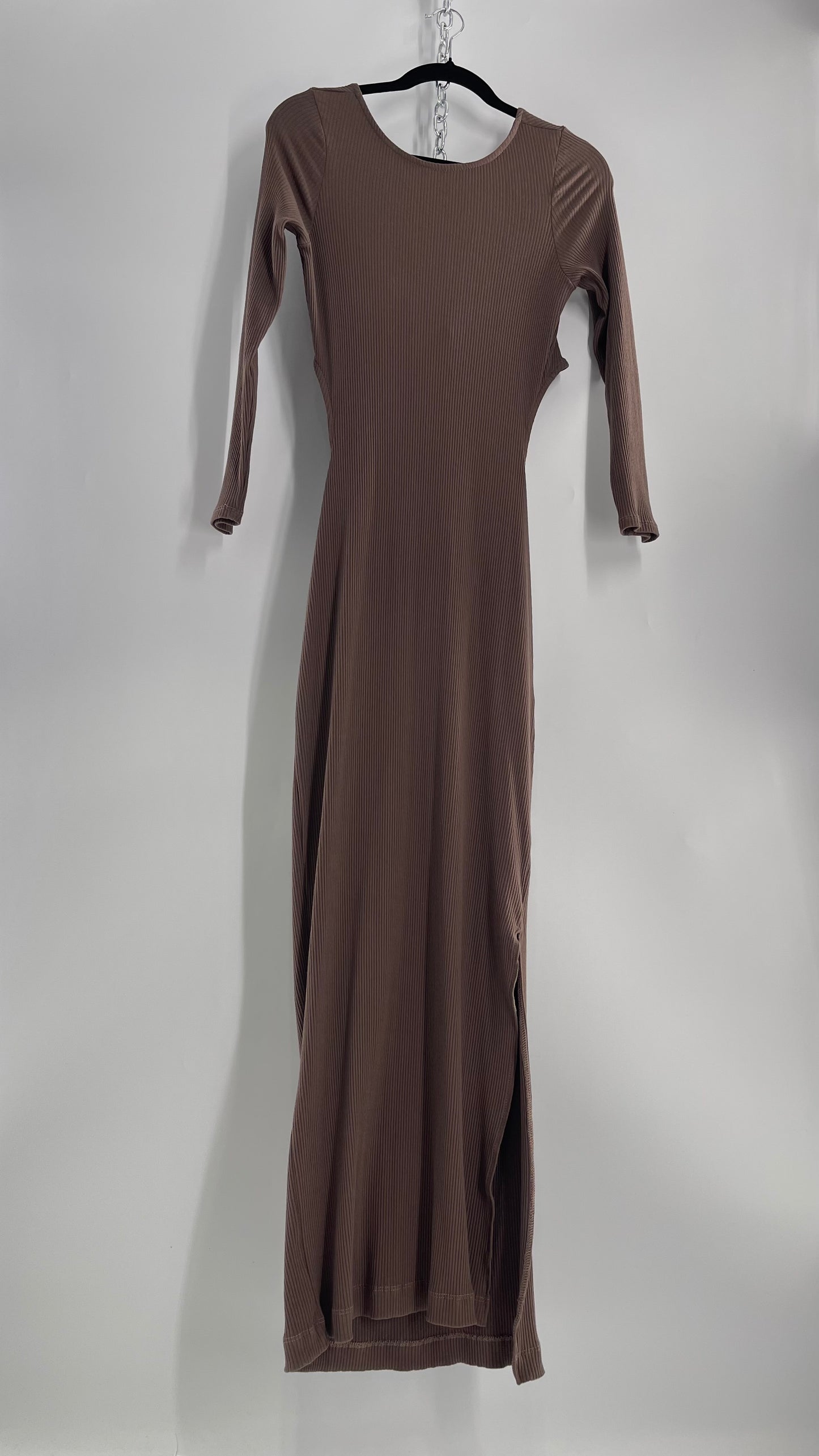 Free People Brown Ribbed Maxi Dress with Low Open Back and Dramatic Tie Detail (Large)