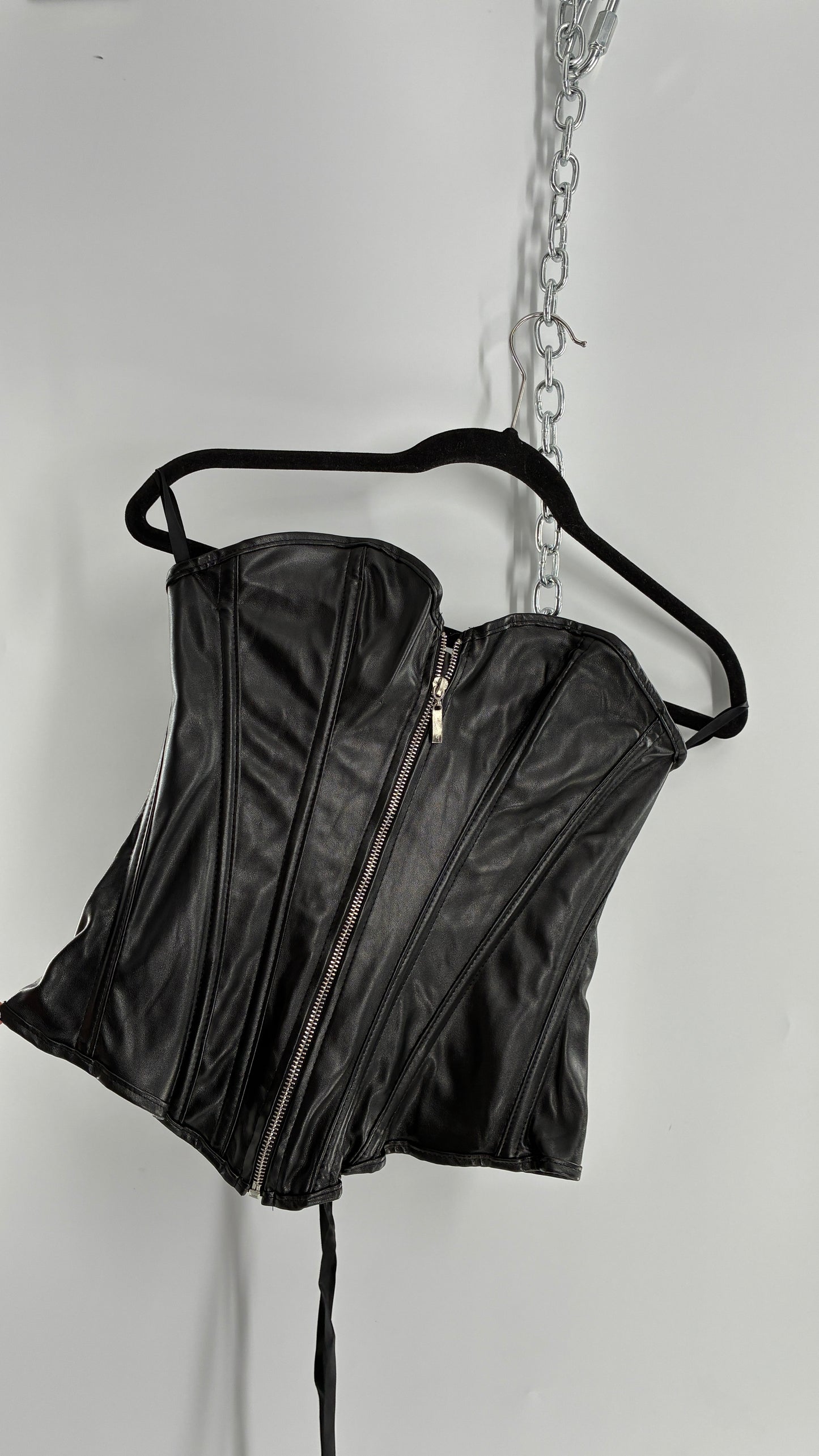 Black Vegan Leather Zip Front Corset (Medium)