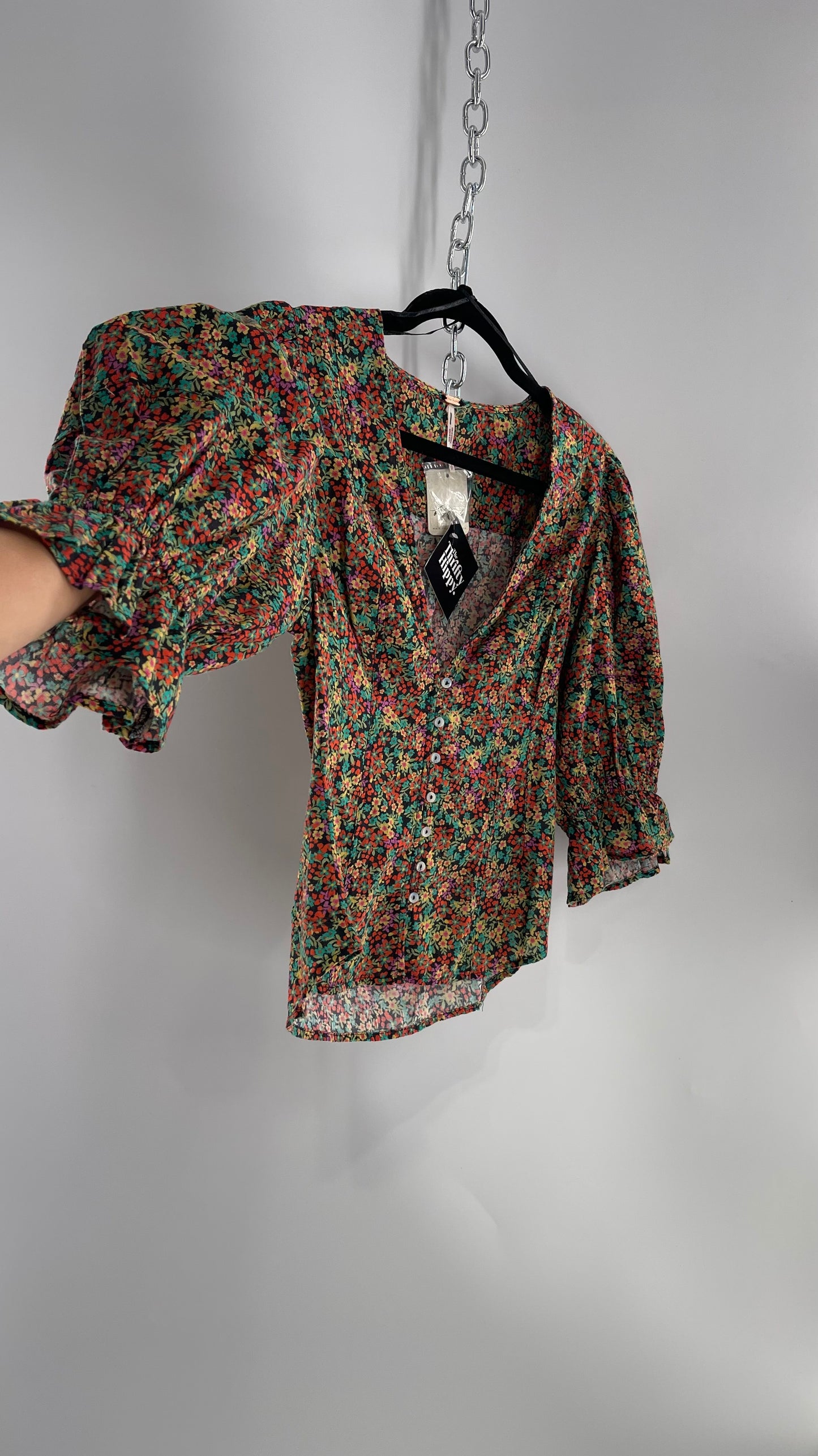 Free People 100% Cotton Colorful Florals Blouse with Deep V, Puff Sleeves, Button Front, and Tags Attached (Small)