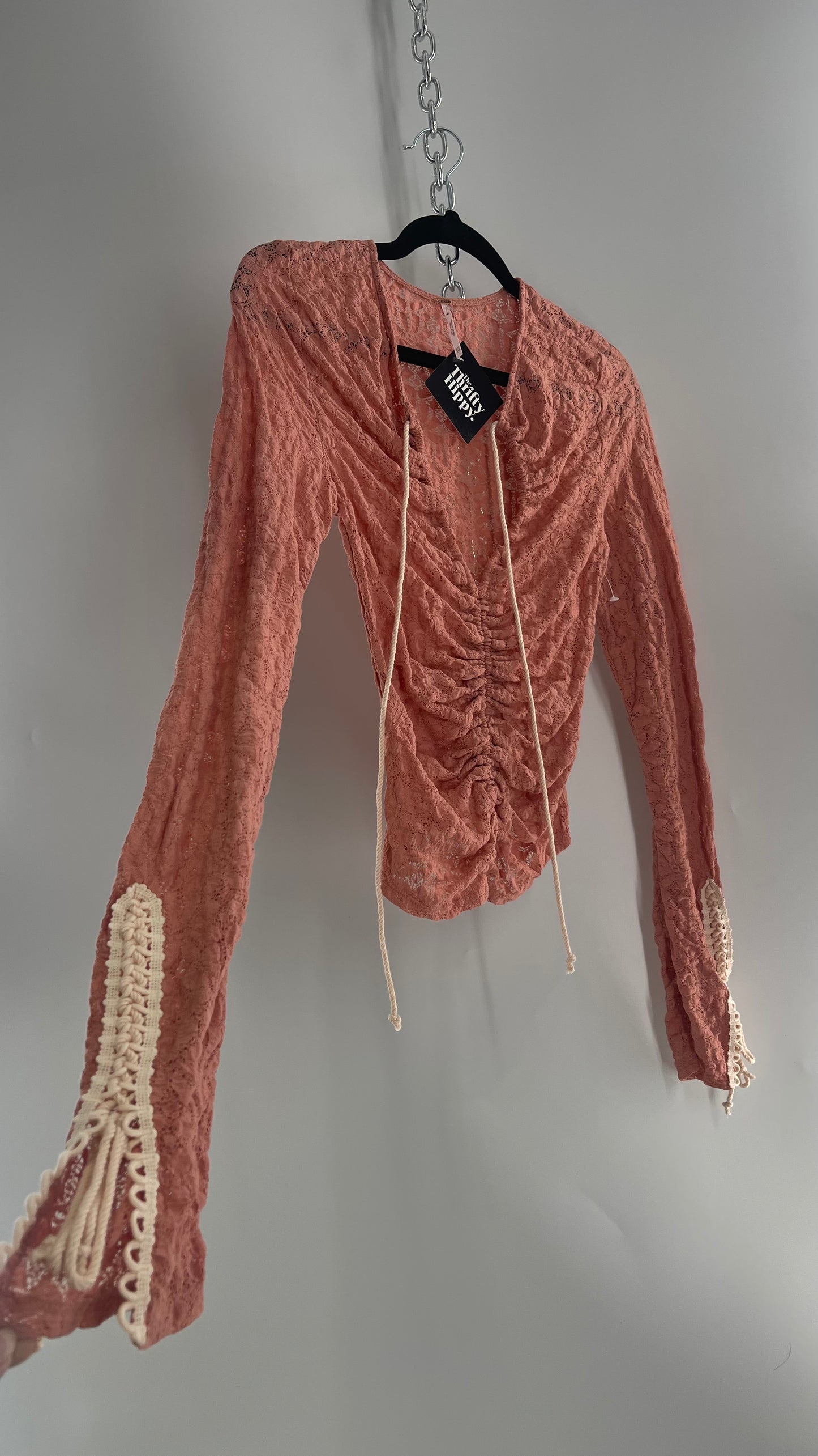 Free People Pink Lace Long Sleeve with Beige Lace Up Sleeve Detail (XS)