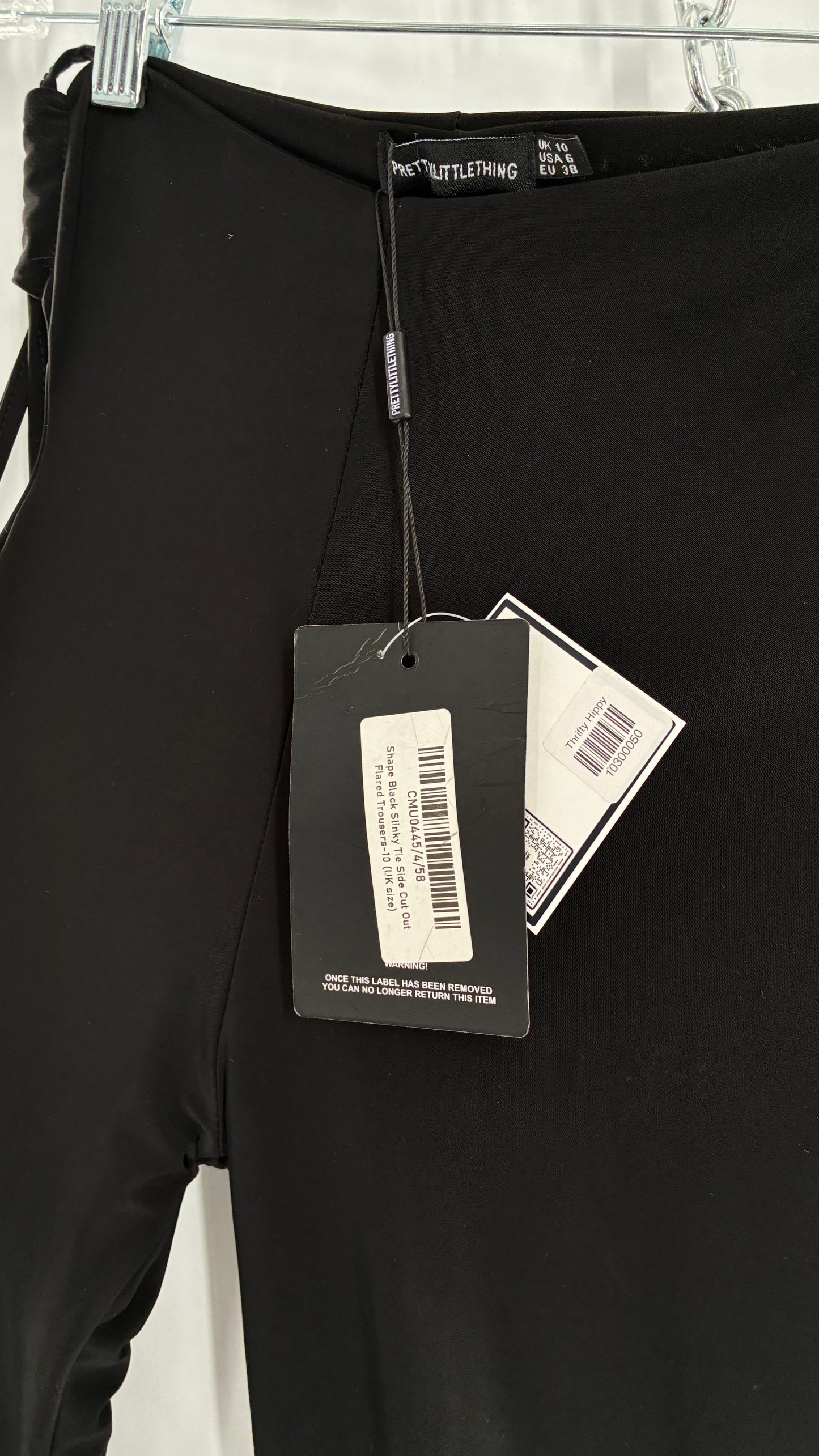 Pretty Little Thing Black Slinky Tie Side Cut Out Flared Double Lined Thick Trousers with Tags Attached (10)