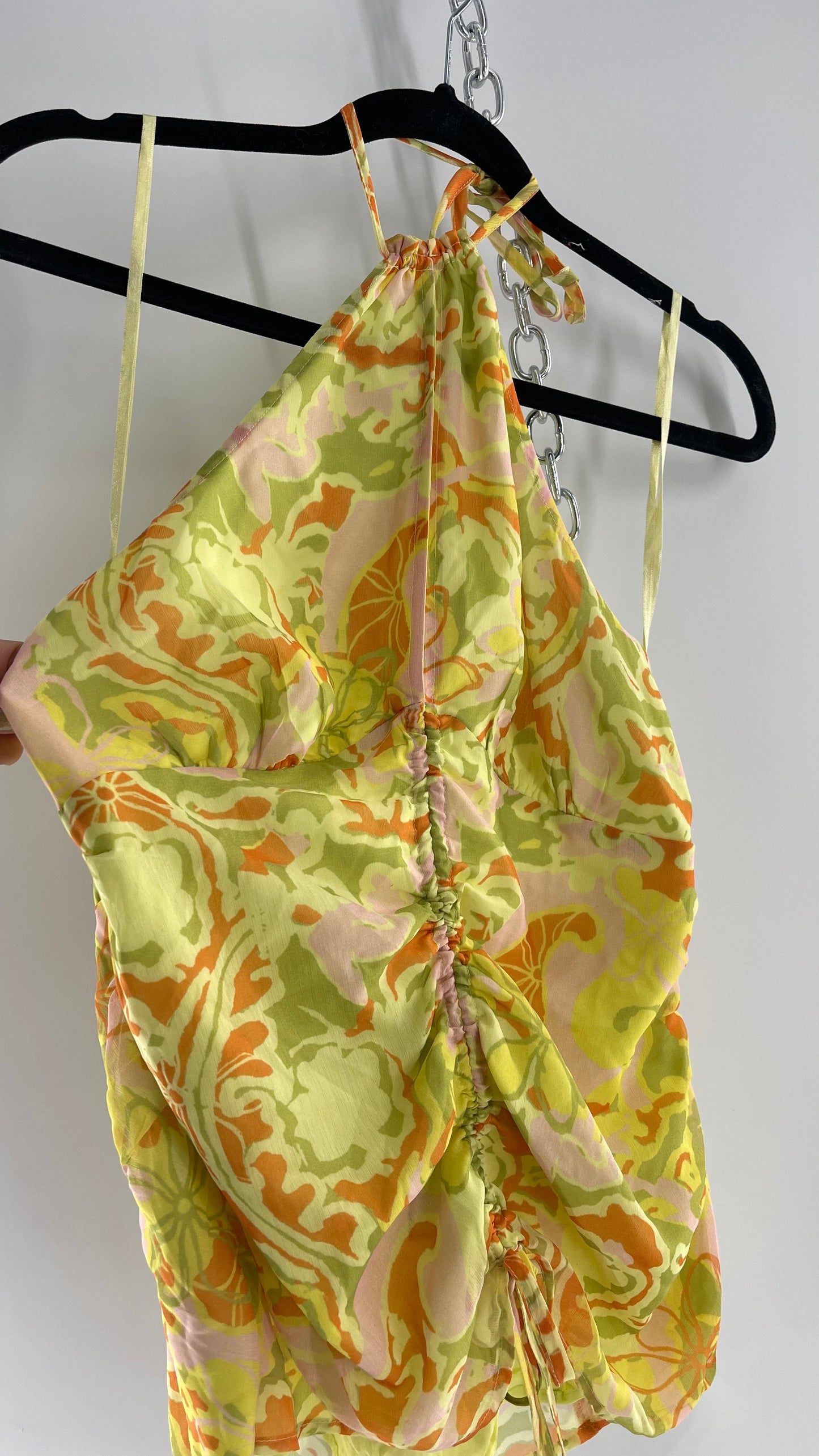 Free People Lime Green and Yellow Ruched Blouse with Cut Out Bust, Adjustable Scrunched Torso and Tie Neck Tank (XS)
