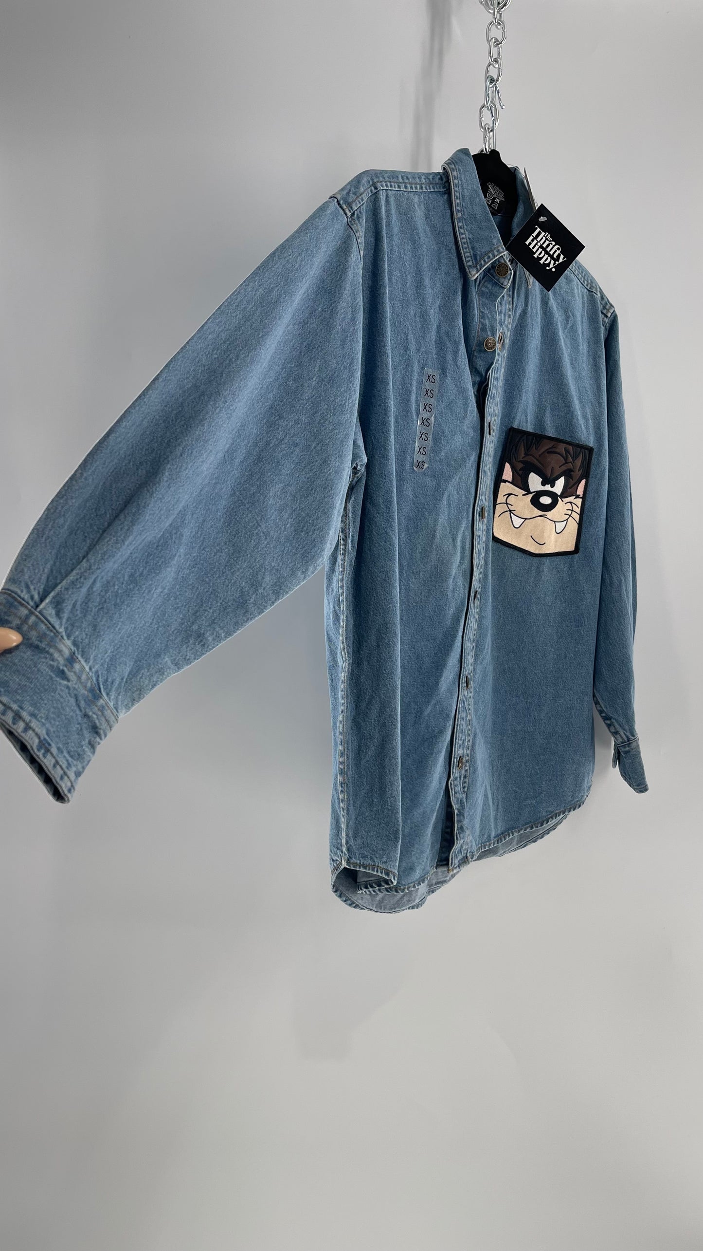 Deadstock Vintage Warner Bros Looney Tunes Denim Longsleeve with Embroidered Taz Pocket (XS/S)