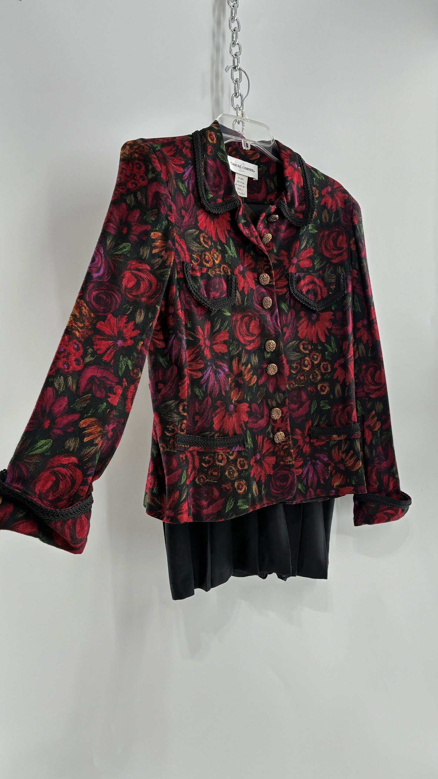 Vintage Suit Set with Gold Button, Deep Floral Blazer and Pleated Upcycled Mini Skirt (6)