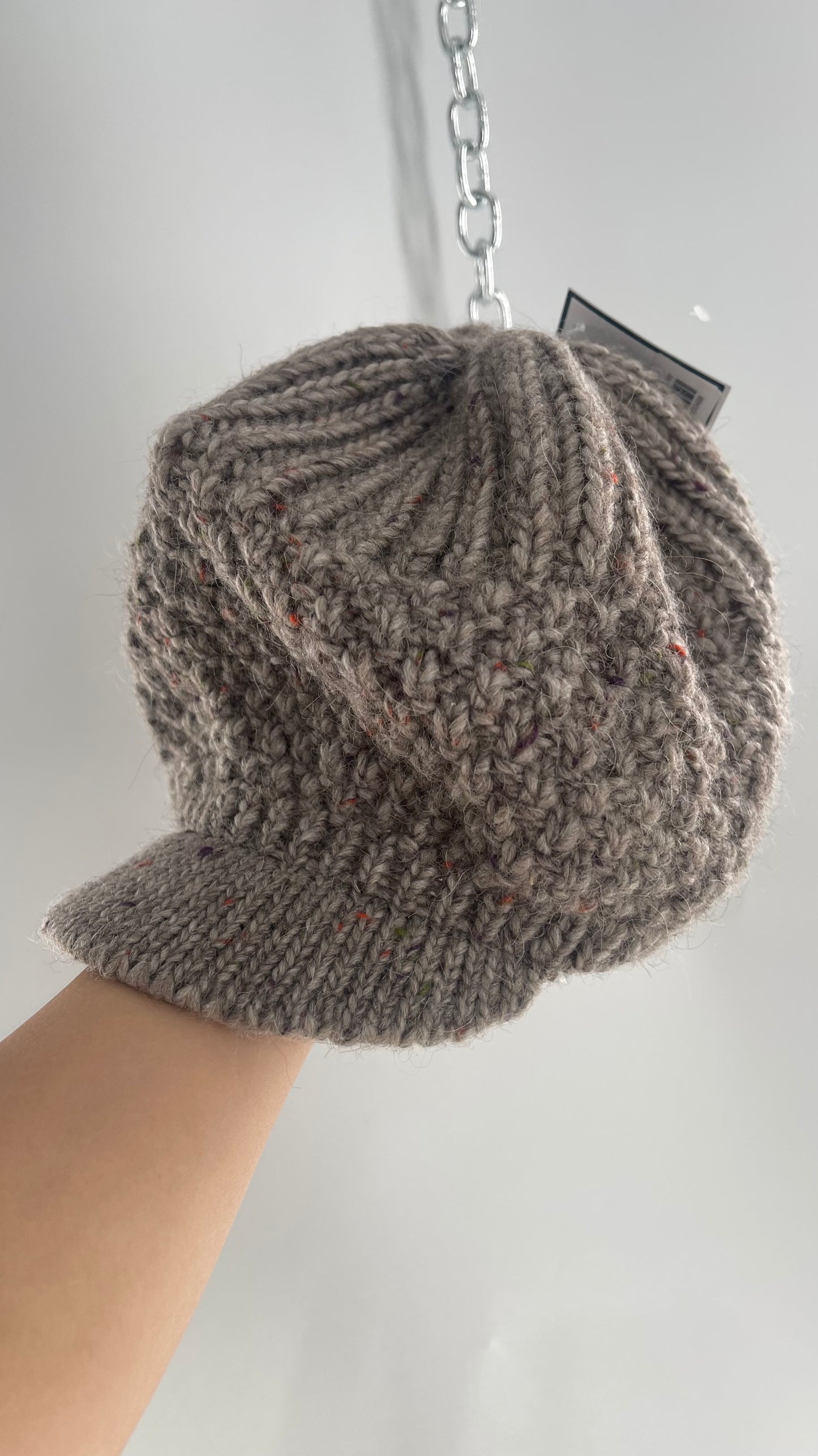 Vintage Tan Knit Slouchy Newsboy Cap Beanie with Brim