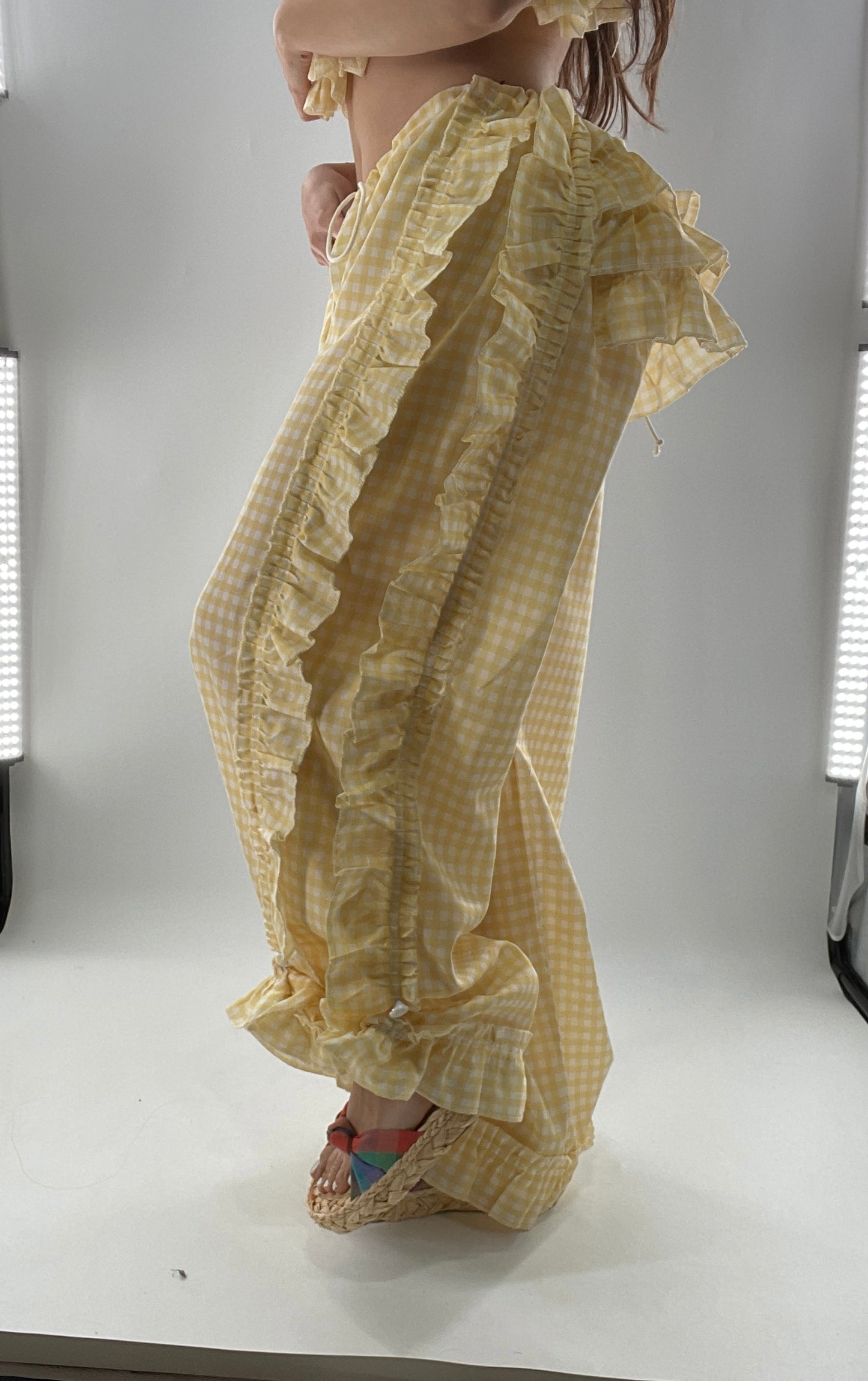 Vintage 2 Piece Yellow Checkered/Gingham Patterned Picnic Set with Ruched Bust Top and Ruffle Side Wide Legs with Adjustable Length, Strap Up Buttons on Hem (One Size)
