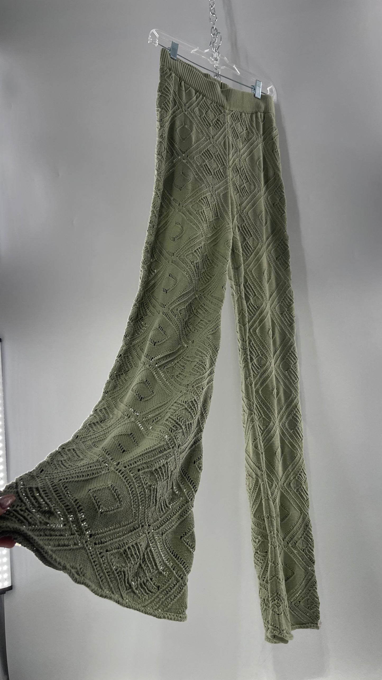 Free People Beach Sage Green Crochet Wooden Button Front Cardigan and Wide Leg Set (Medium)