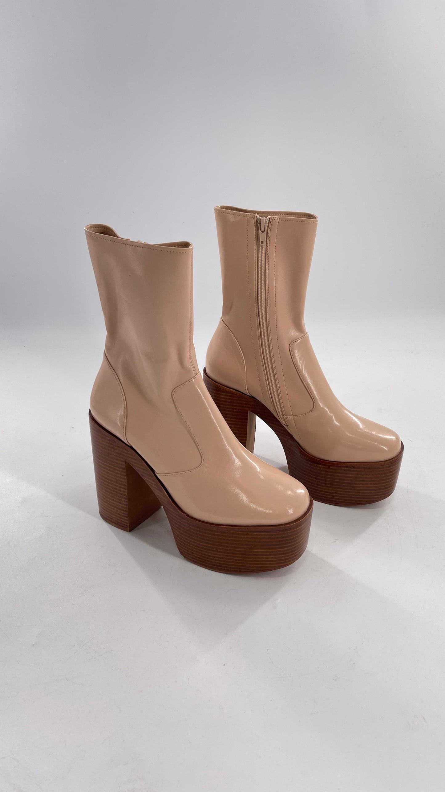 Free People X Jeffrey Campbell Mexique GoGo Boots • Beige Patent Boot with Wood Grain Chunky Block Heel and Platform (9)