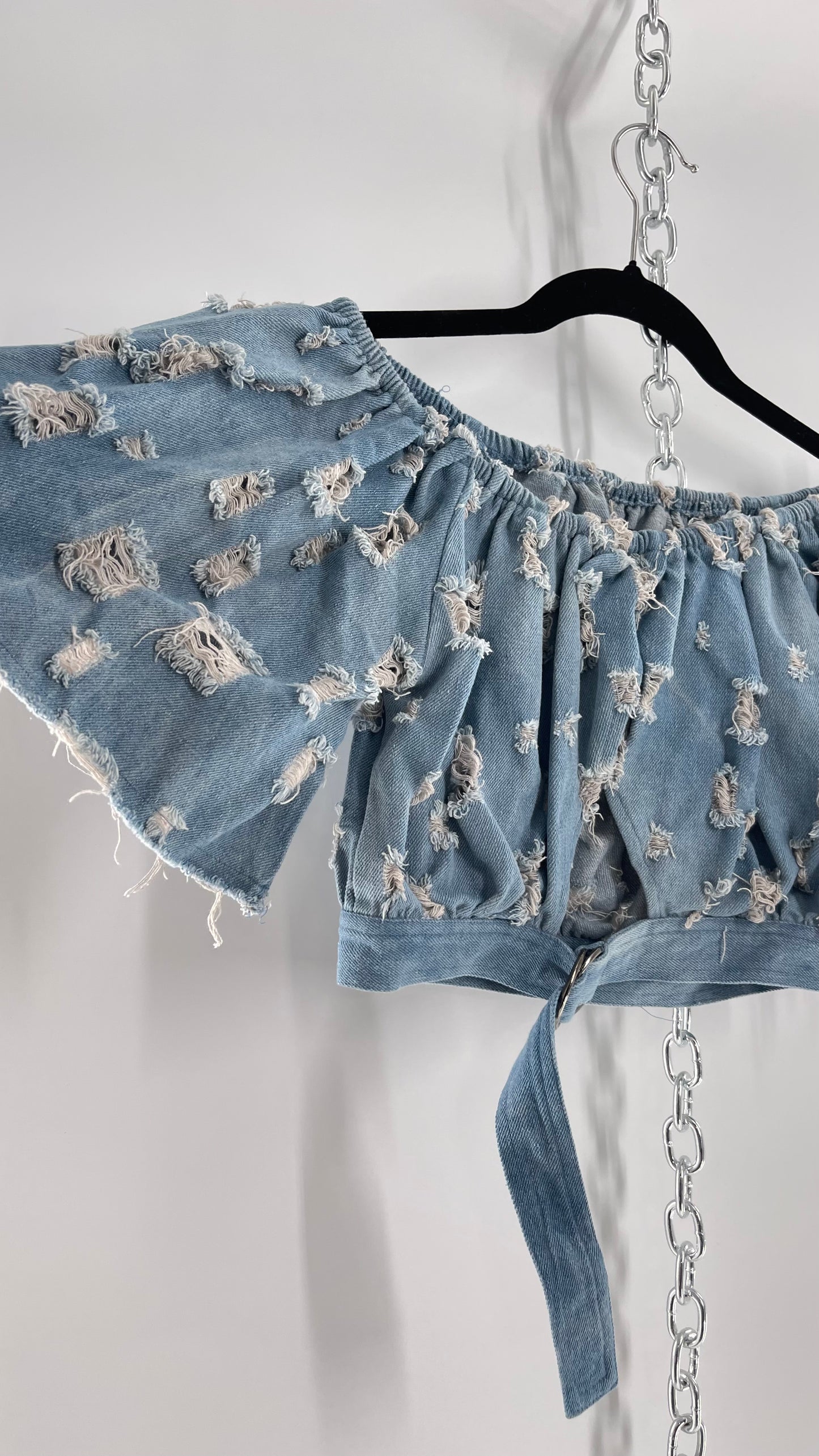 Homage Distressed Denim Crop Top with Keyhole Bust Cutout and Buckle (Medium)