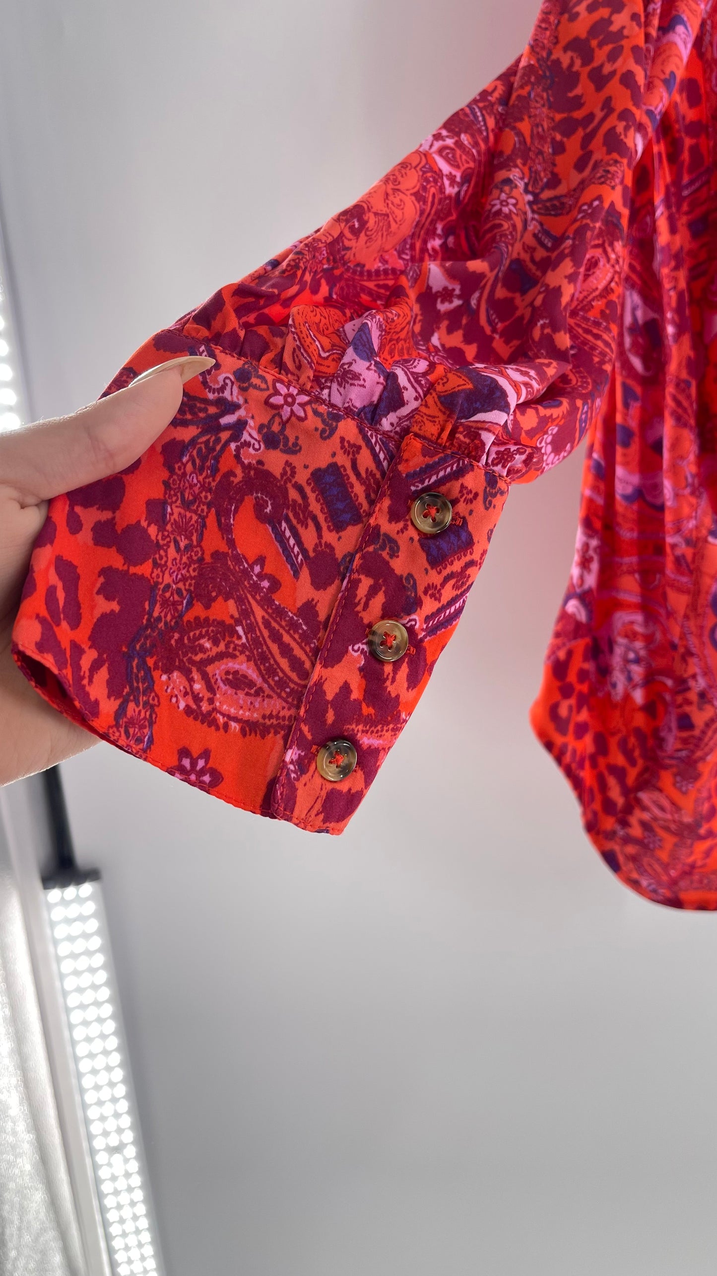 Free People Red, Neon Orange Leopard Paisley Patterned Button Front(Medium)