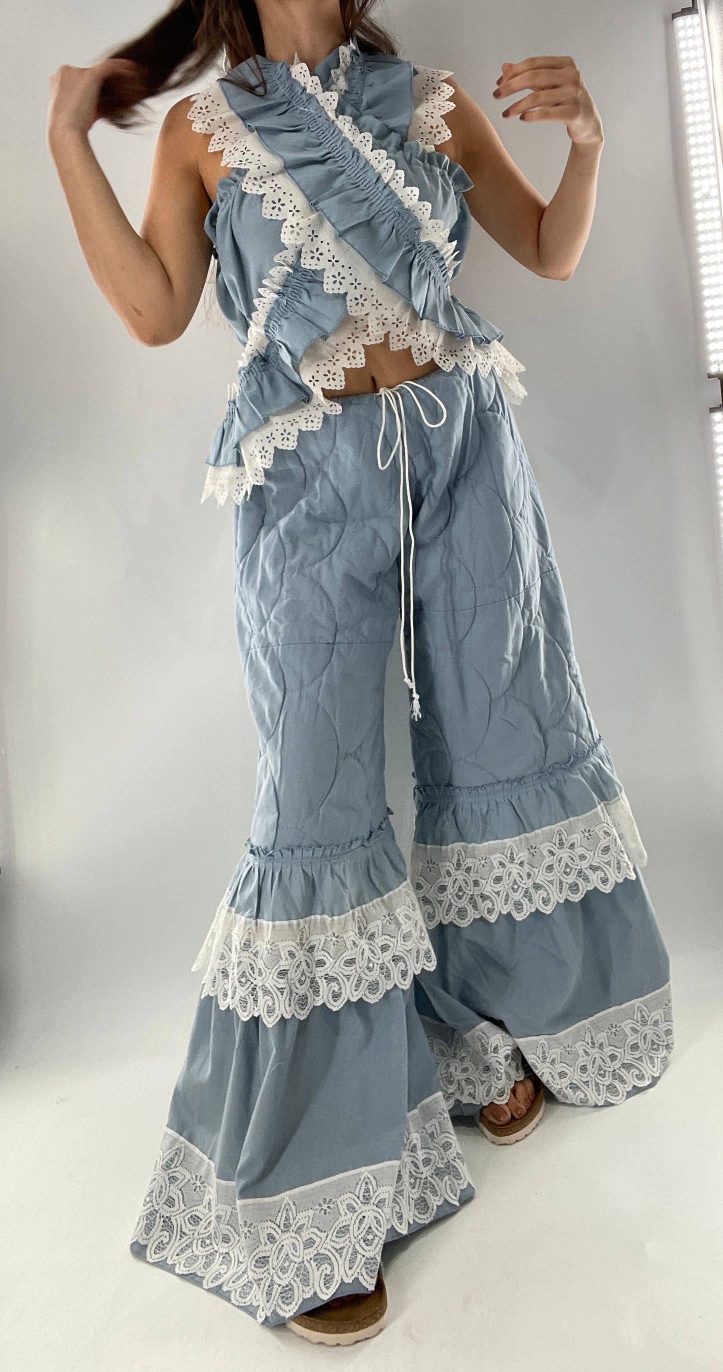 Vintage 2 Piece Powder Blue Set Featuring 2Way Blouse and Quilted Trousers Covered in Ruffles, Lace and Trim (One Size)