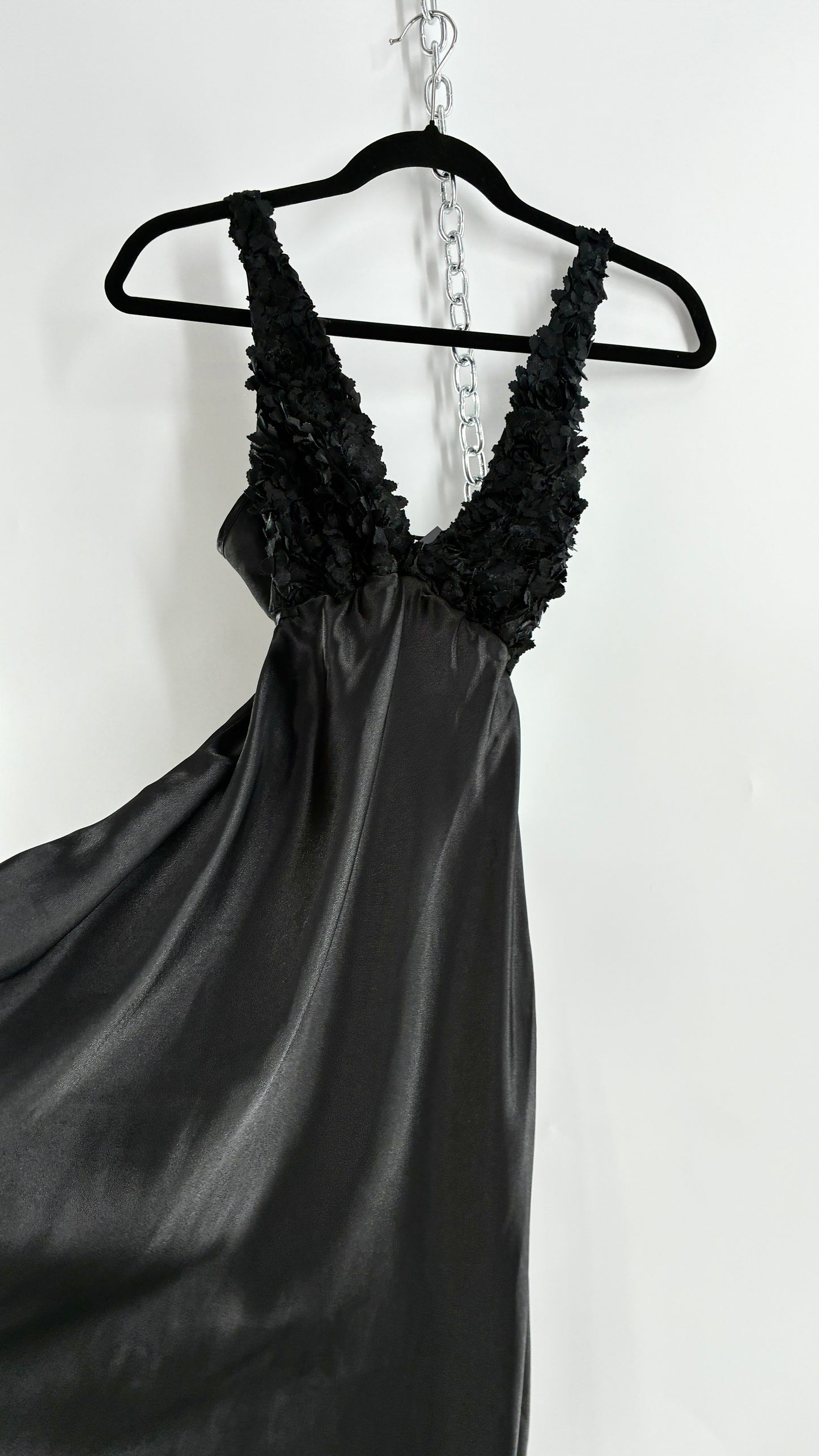 Vintage FLORA Black Slip Gown with Textured Floral Bust (Small)