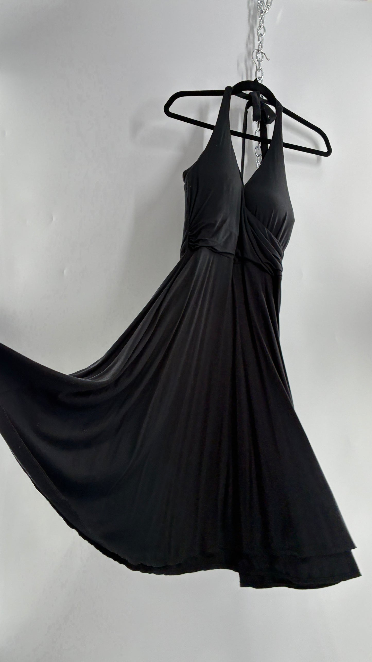 Rare Vintage Victoria’s Secret Black Jersey Knit Halter Voluminous Dress with Built in Padded Bra (34C)