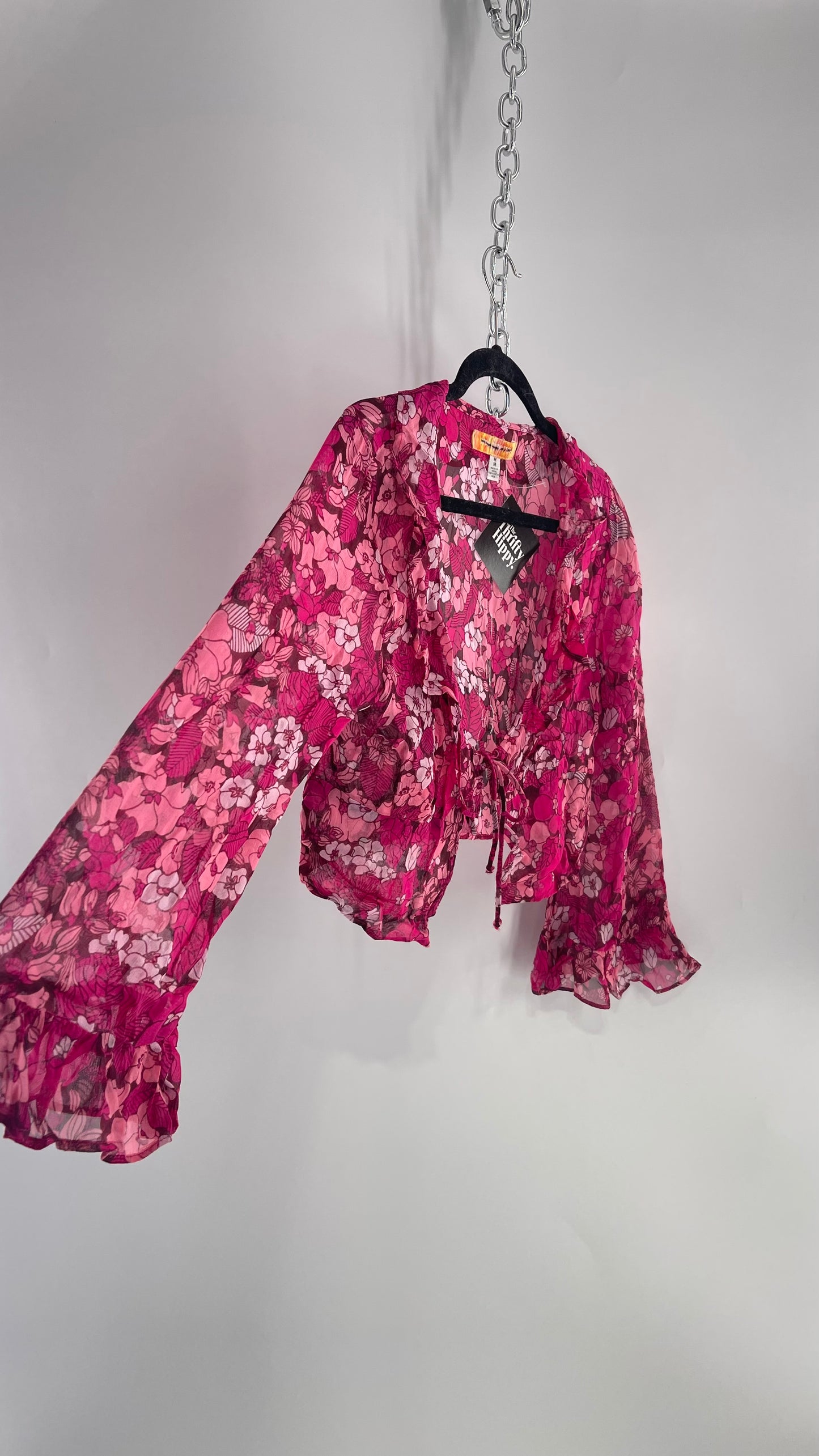 Urban Outfitters Fuchsia 100% Viscose Floral Tie Front, Ruffled Blouse