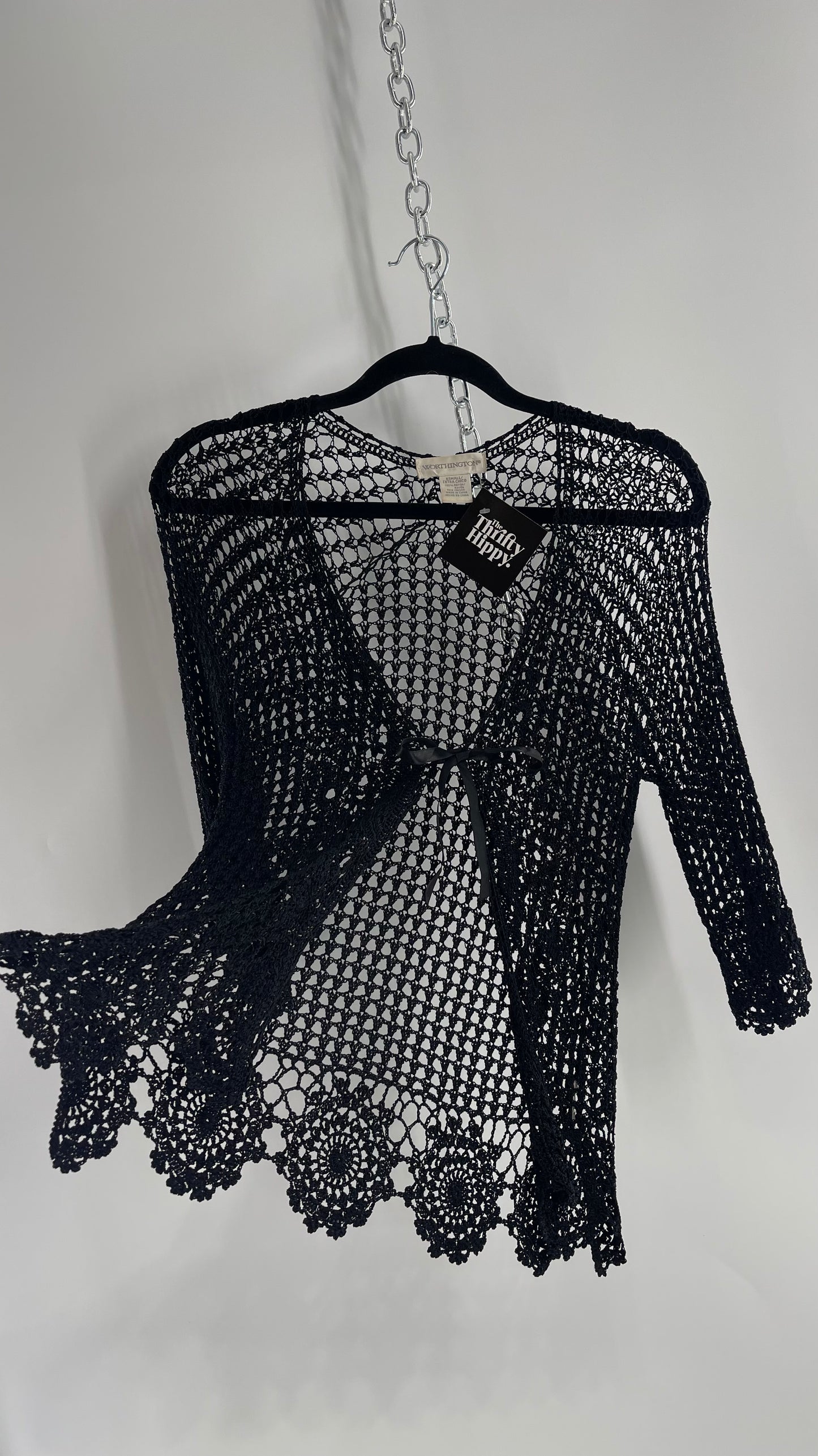 Vintage Black Crochet Slinky Top with Ribbon Bust Tie (XS)