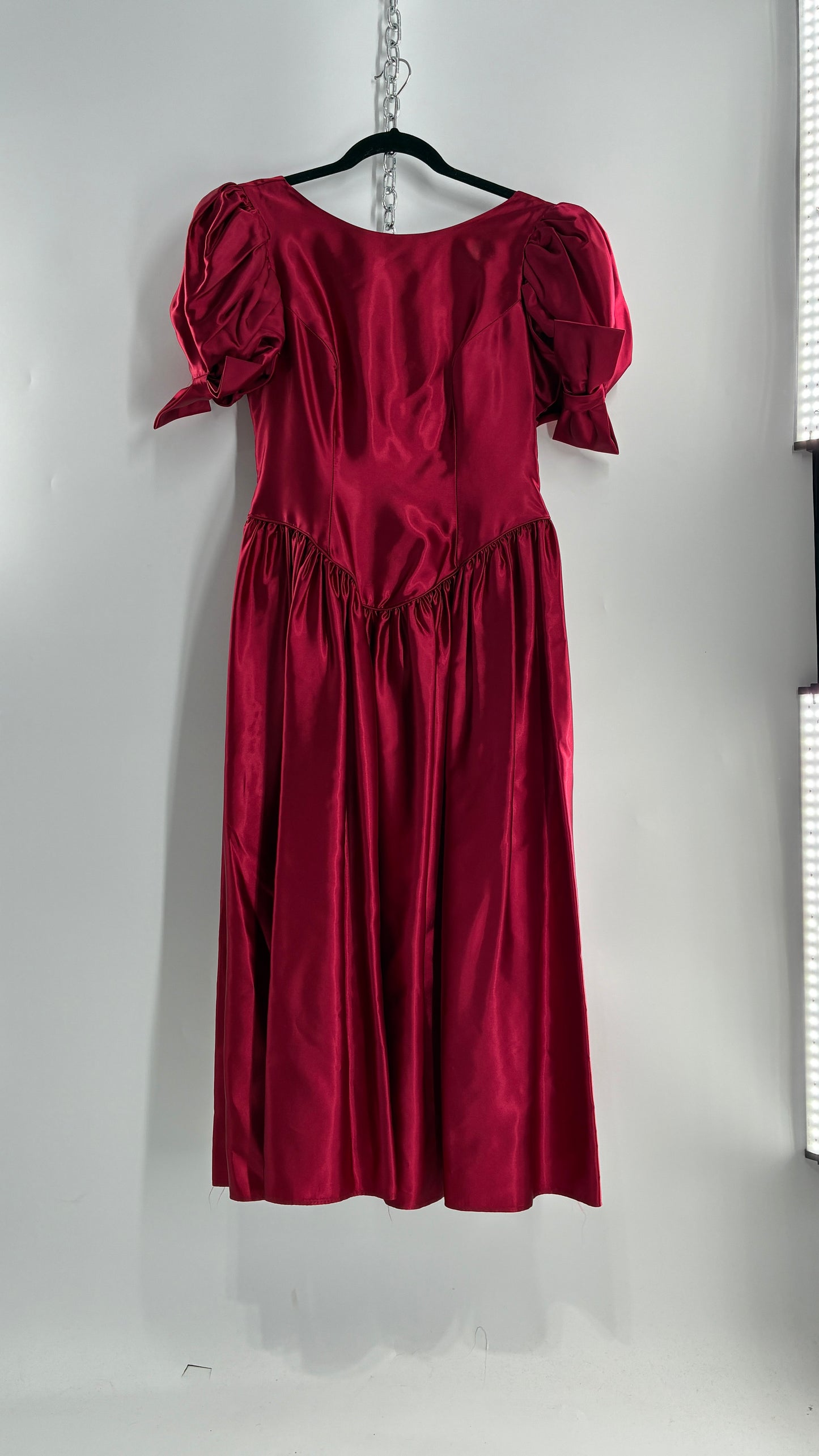 Vintage Red Silky Satin Corset Style Dress with Sweetheart Neckline, Puff Sleeves, Oversized Bow Bum, Open Back and Draping Pearls (10P)