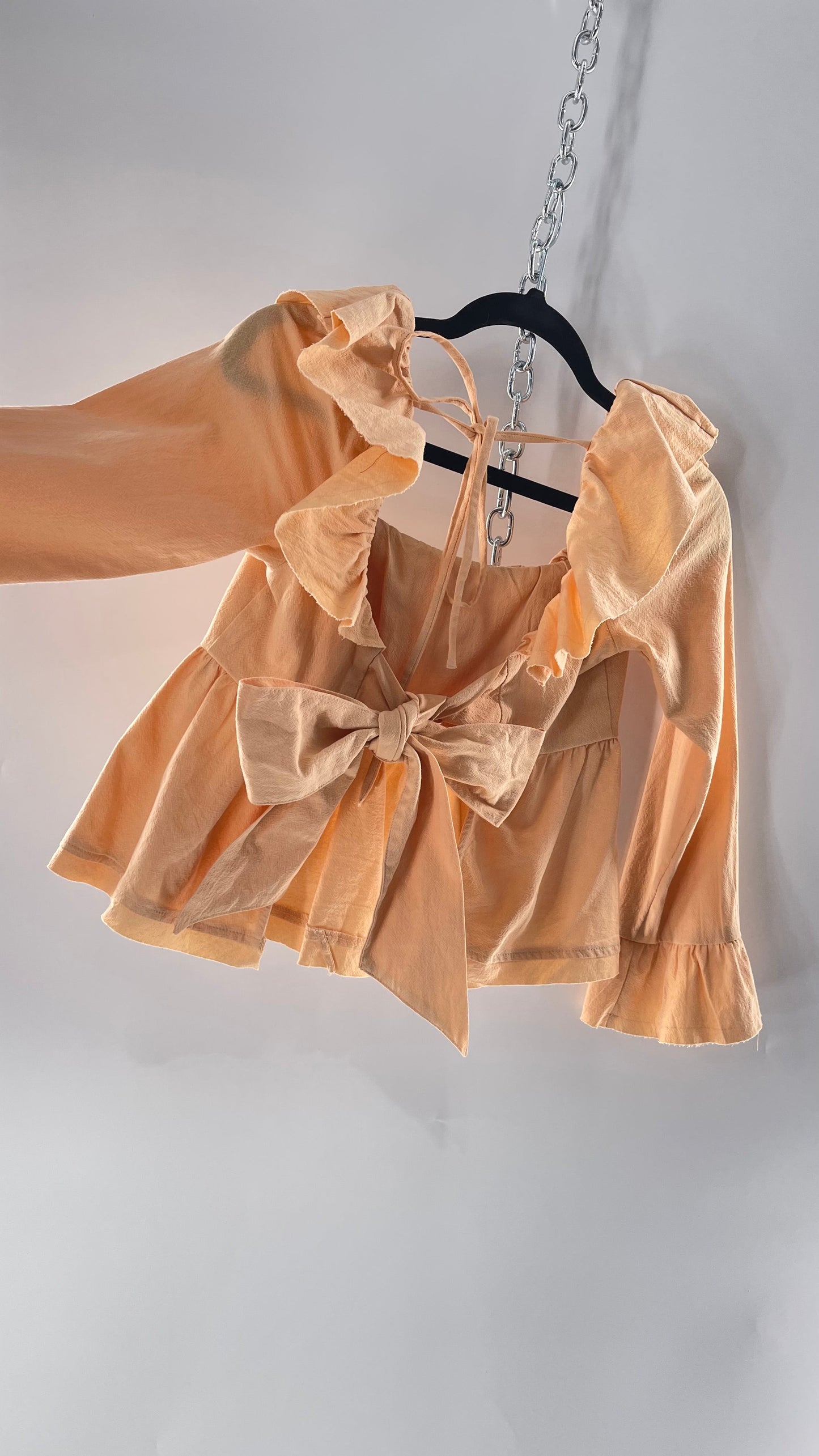 Free People Pumpkin Light Orange Backless Bow Back Cropped Blouse with Ruffle Sleeve and Neckline (XS)