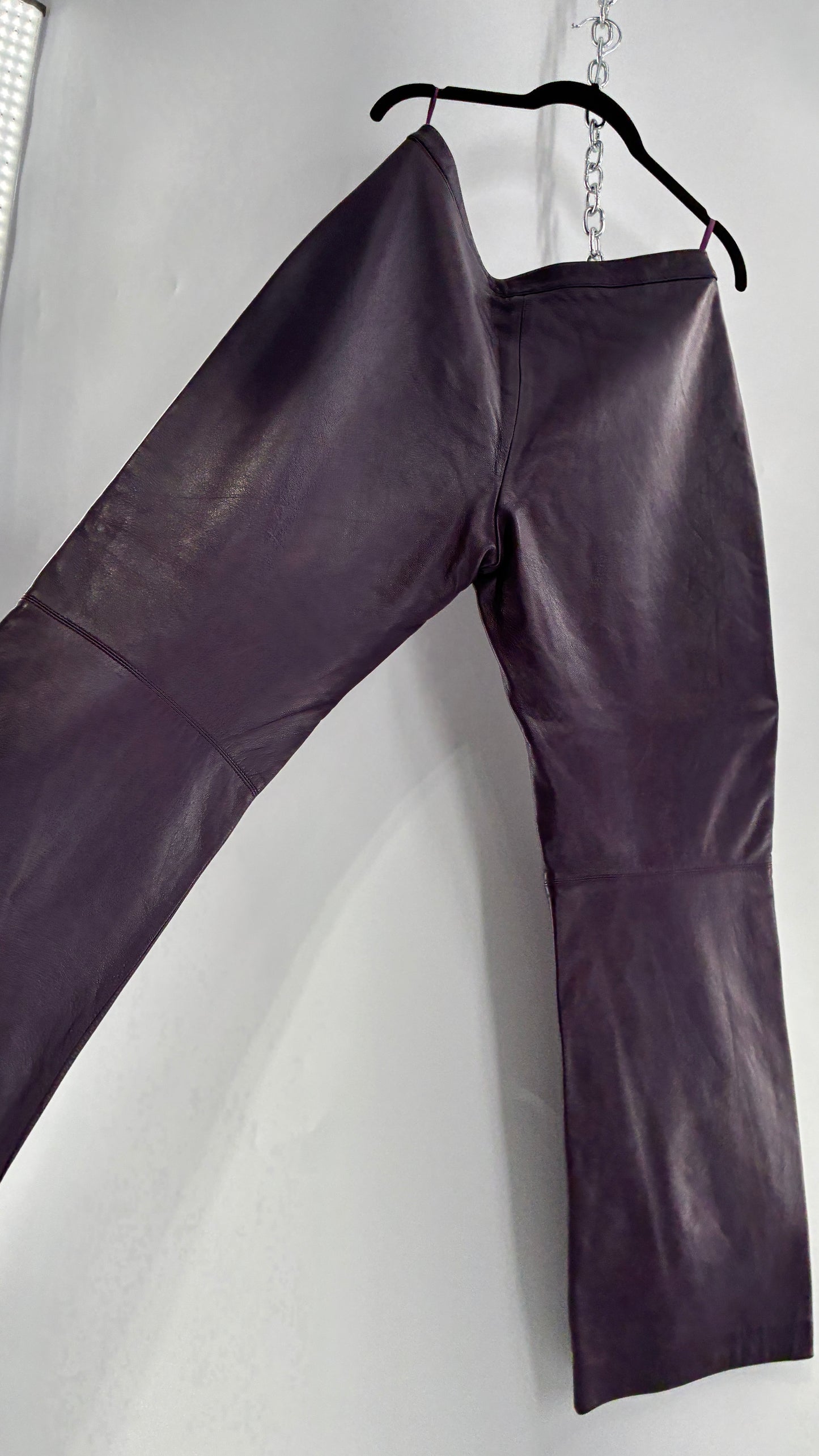 Vintage SHIN CHOI Genuine Italian Leather Purple Side Closure Low Rise Pants (12)