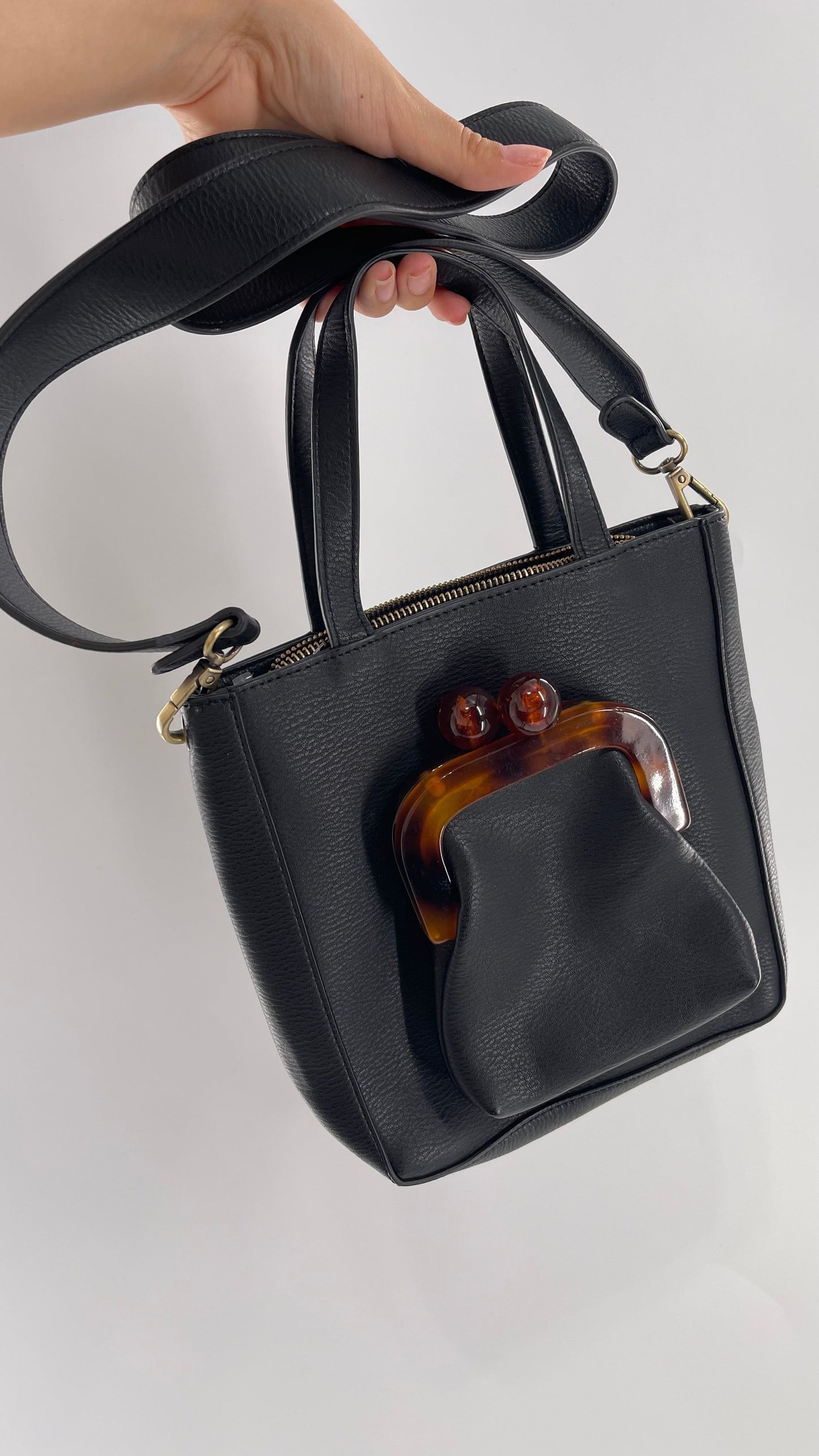 Anthropologie Black Vegan Leather Purse with Detachable Coin Purse and Strap